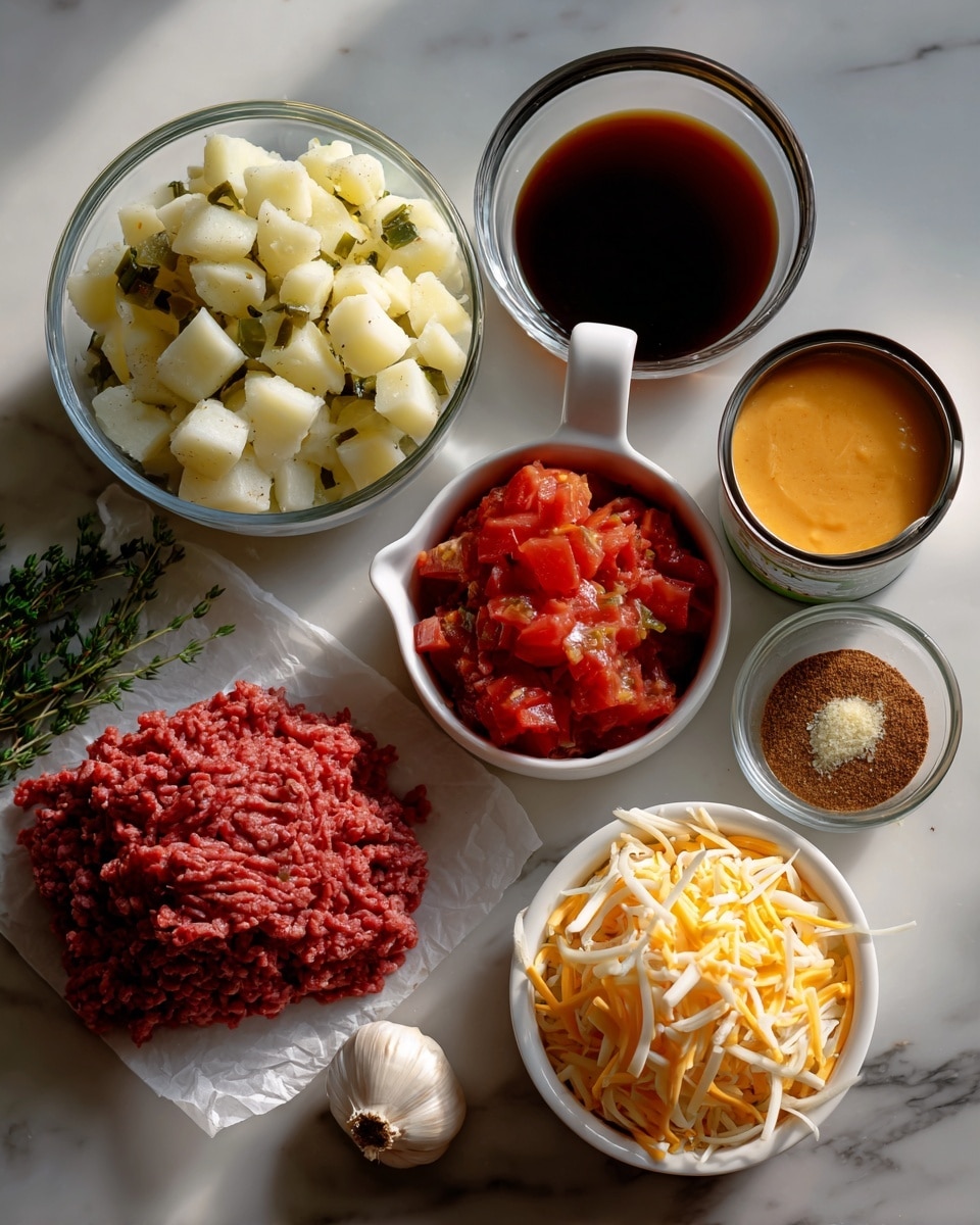 The image shows eight cooking ingredients placed neatly on a white marbled surface. At the top left, a clear glass bowl holds frozen diced potatoes, which are mostly off-white with some bits of green. To the right, a small clear round bowl contains dark brown beef broth. Below that, a small white measuring cup is filled with bright red diced tomatoes labeled Rotel. Next to it is an open can filled with smooth, light orange condensed cheese soup. In the bottom right corner, a white bowl holds shredded cheese with a mix of orange and pale yellow strands. To the left side of the image, raw ground beef sits on white parchment paper and is a rich red color. Below that, a small clear bowl has brown taco seasoning powder, and a single clove of garlic with a pale yellow outer layer rests near the seasoning. The composition and lighting give a clean and clear view of the ingredients, photo taken with an iphone --ar 4:5 --v 7