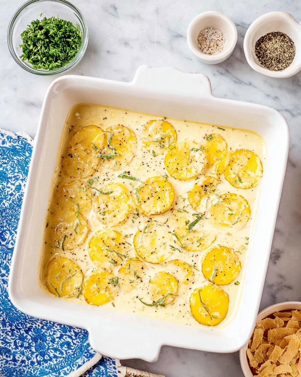 The image shows a white square baking dish filled with a creamy mixture with round, yellow slices submerged in the sauce, likely squash or potatoes. The creamy sauce is pale yellow with specks of black pepper scattered evenly on the surface. Around the dish, there is a small clear glass bowl of chopped green herbs in the top left, a small white bowl with black pepper on the top right, and another small white dish with crushed crackers or breadcrumbs in the bottom right. The background is a white marbled surface with a blue and white patterned cloth partially visible at the bottom left. Photo taken with an iphone --ar 4:5 --v 7