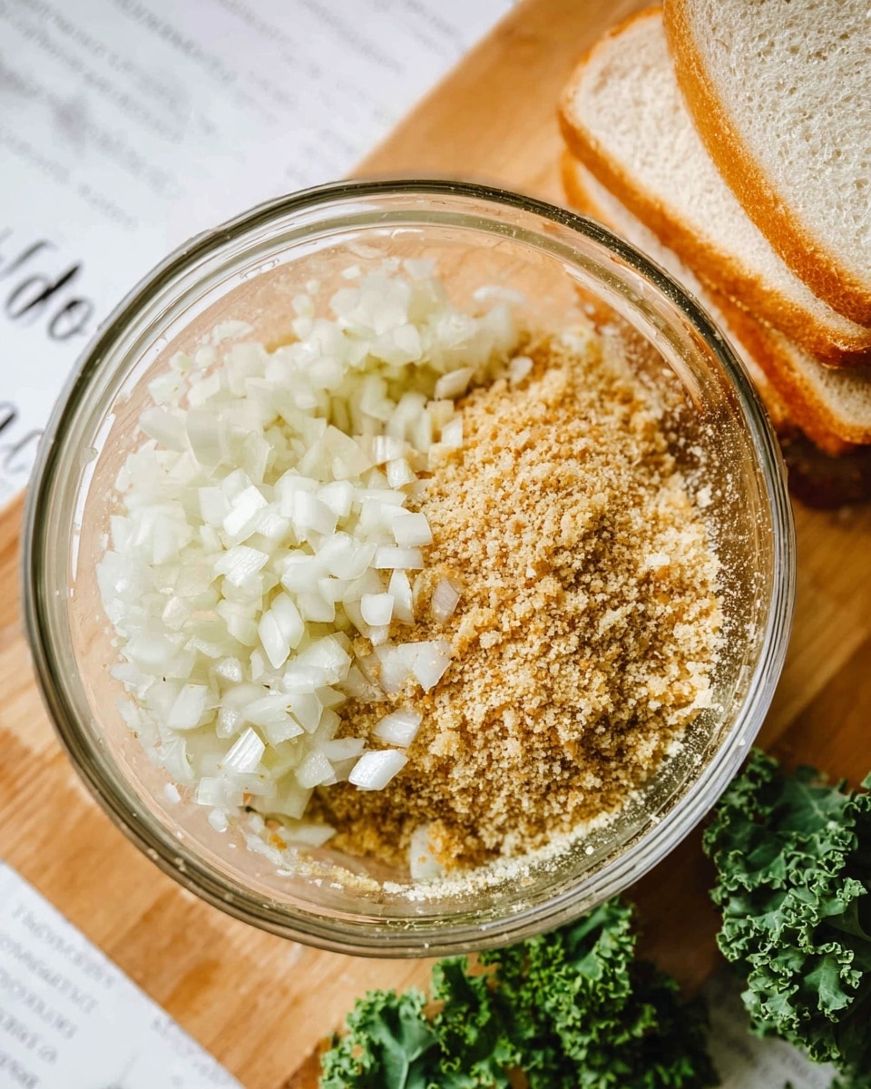 A clear glass mixing bowl is shown from above, filled with two main layers of ingredients. On the left side of the bowl, there is a pile of small white diced pieces of onion, while the right side contains a tan, coarse, crumb-like mixture. The bowl sits on a light brown wooden board with a few green curly kale leaves beside it, along with a stack of light tan sliced bread toward the right edge. The background is a white marbled texture with faint printed text showing through. photo taken with an iphone --ar 4:5 --v 7