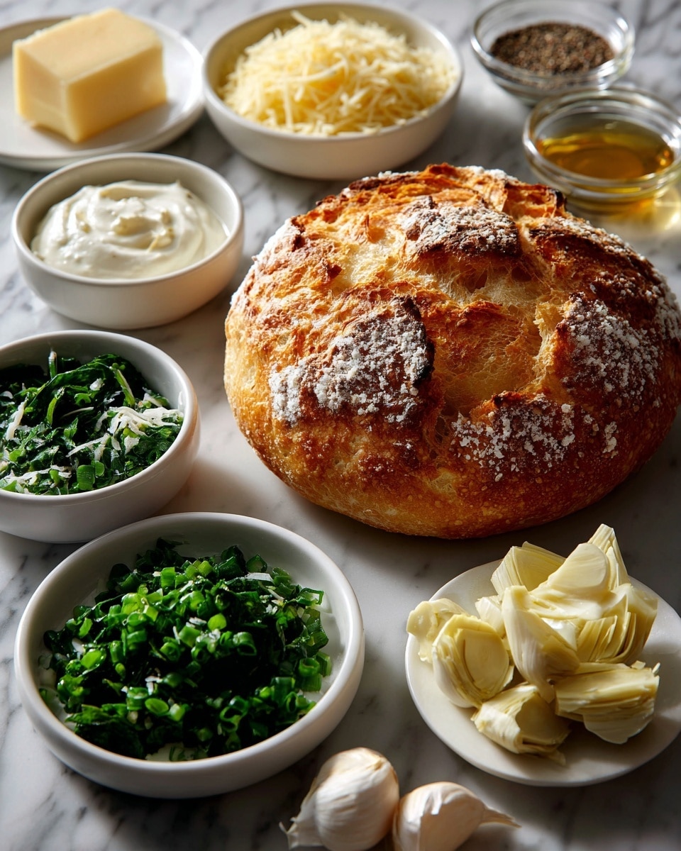 The image shows a round, crusty bread boule with a golden brown and white flour-dusted top, placed on a white marbled surface. Surrounding it are small white bowls with various ingredients: one has fresh green chopped spinach, another holds pale yellow shredded mozzarella cheese, a third holds creamy white sour cream, and a fourth contains smooth, whipped cream cheese. There is also a bowl with light pale yellow Parmesan cheese, a small bowl with light beige mayo, and a bowl filled with pale, chopped artichoke hearts. Two peeled garlic cloves rest near the bottom right, and a small white saucer has piles of black pepper, off-white garlic powder, and white salt. The photo taken with an iphone --ar 4:5 --v 7