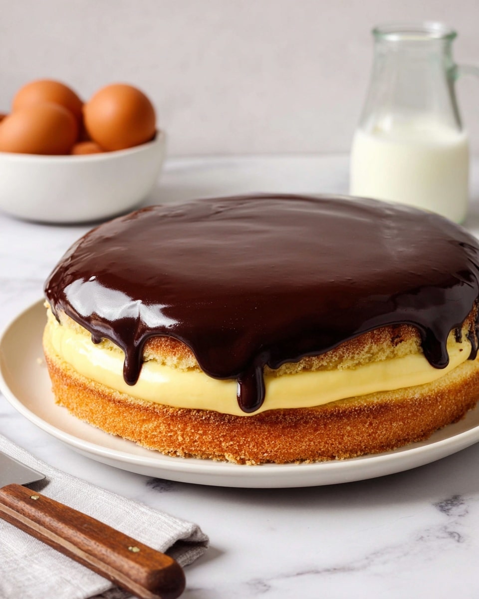 A round three-layer cake sits on a white plate over a white marbled surface. The bottom layer is a thick, golden brown crumbly cake base. The middle layer is a smooth, pale yellow custard filling that appears creamy and soft. The top layer is a thick, shiny dark chocolate glaze that slightly drips down the sides of the cake in an uneven but smooth way. In the background, there is a white bowl with three brown eggs and a clear glass bottle filled with milk. A wooden-handled knife is placed beside the plate. Photo taken with an iphone --ar 4:5 --v 7