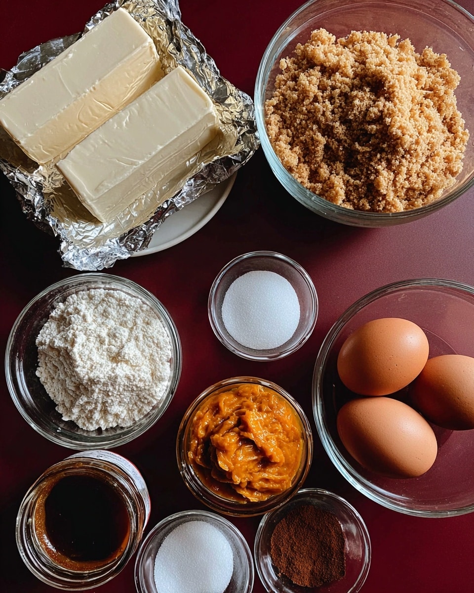 The image shows various ingredients placed neatly on a deep maroon surface with a white marbled texture added in editing. At the top right, there is a clear glass bowl filled with light brown crumbly mixture. Next to it, slightly below, are two brown eggs with smooth shells. To the top left, two blocks of cream cheese are partially unwrapped from silver foil. Below the eggs and large bowl, smaller clear glass bowls hold white granulated sugar, light cake flour, dark cinnamon powder, and a dark glossy syrup. There is also a metal measuring cup filled with bright orange pumpkin puree and a jar of smooth brown sauce placed near the bottom left of the arrangement. Photo taken with an iphone --ar 4:5 --v 7