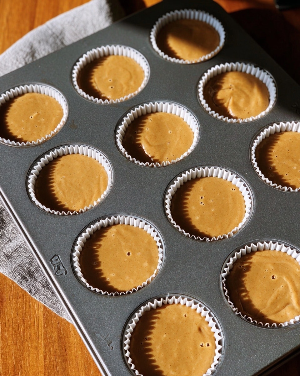 The image shows a gray cupcake tray with twelve round molds, each filled with smooth, light brown batter inside white paper cupcake liners. The batter surfaces are even and slightly shiny, with a few small bubbles scattered throughout. The tray is placed on a wooden surface with a soft, gray cloth partially visible under the left side. Sunlight hits the tray from the upper left corner, creating shadows and bright spots on the batter and tray. photo taken with an iphone --ar 4:5 --v 7