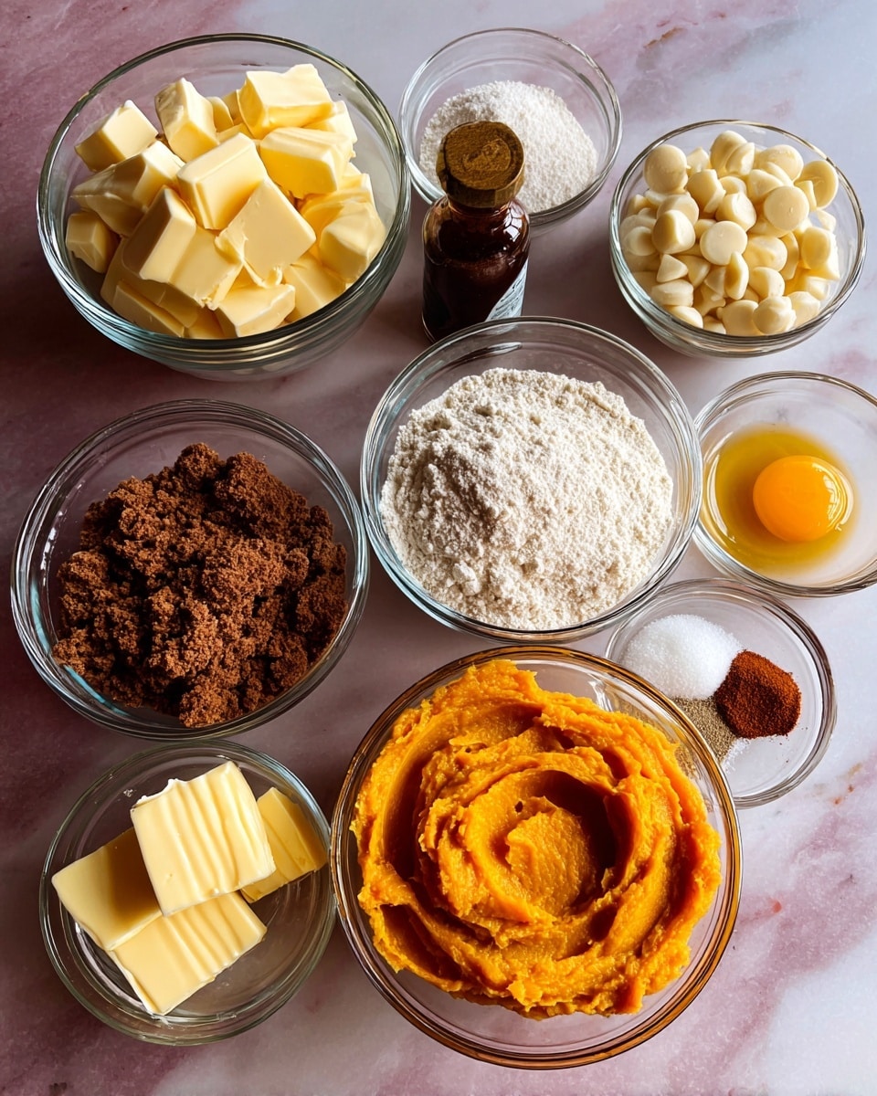 The image shows eight clear glass bowls arranged on a white marbled surface. The top center bowl contains light yellow square chunks of white chocolate. To its right is a bowl filled with smooth, round, pale white chocolate chips. Below the chocolate chips is a bowl of dark brown, crumbly brown sugar. To the left of the brown sugar is a large bowl of white all-purpose flour, with a slightly uneven surface. At the center is a bowl with bright orange pumpkin puree, showing smooth texture with swirls. To the left of the pumpkin puree is a bowl with yellow cubed butter, smooth and soft looking. Below the butter bowl is a smaller bowl containing a raw egg yolk, shiny and intact. To the bottom left is a small bowl holding two things: white granulated sugar and brown powder spice. A small dark brown bottle of vanilla extract sits to the left of the egg yolk bowl. photo taken with an iphone --ar 4:5 --v 7