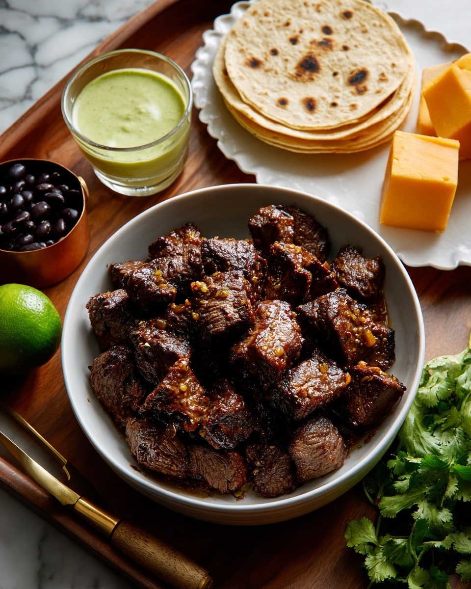 The image shows a white bowl in the center filled with dark brown, grilled steak pieces with a rough, charred texture. Above the bowl, there is a small stack of pale yellow tortillas with light brown spots, placed directly on the white marbled surface. To the right of the tortillas, a chunk of bright orange cheddar cheese sits on a white plate with a scalloped edge. To the left of the bowl, there is a clear glass cup filled with a light green creamy dipping sauce with a smooth surface. Below the bowl, a fresh green lime with a shiny skin is placed on the white marbled surface. To the bottom left, a brass cup with a wooden handle holds small, shiny black beans. On the bottom right, some fresh green cilantro with leafy texture is scattered on the white marbled surface. The whole arrangement is on a wooden tray with worn and rustic wood tones. Photo taken with an iphone --ar 4:5 --v 7