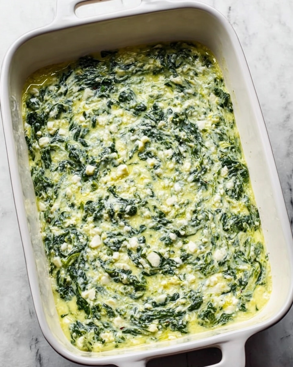 A white rectangular baking dish filled with a creamy spinach mixture that looks soft and slightly textured. The dish shows an even layer of green spinach pieces blended with a light yellowish, creamy sauce with small white specks, likely cheese, spread all over the surface. The edges have a slight browning hint but mostly remain creamy and fresh. The background is a white marbled texture. photo taken with an iphone --ar 4:5 --v 7