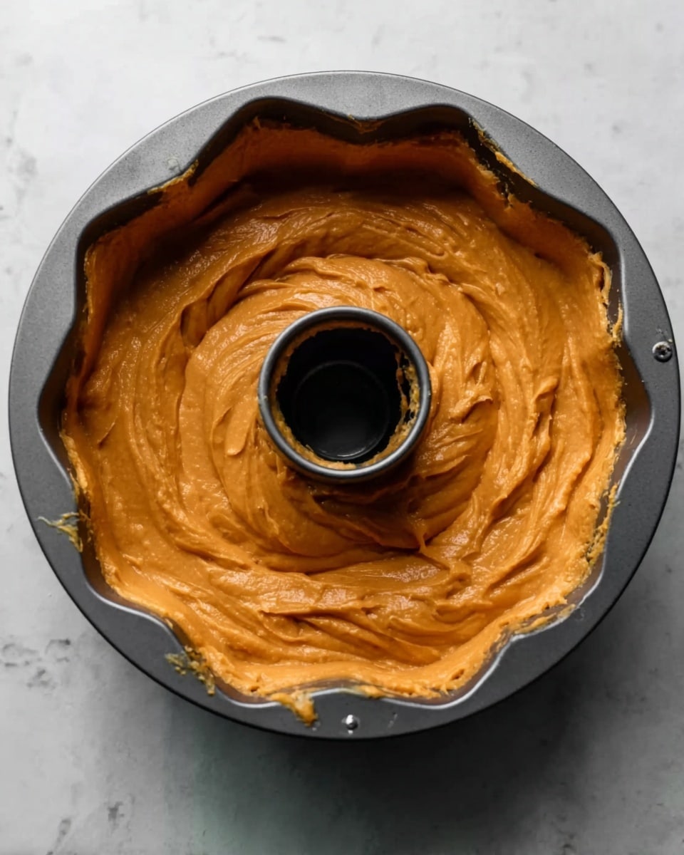 A dark gray bundt pan filled with thick, smooth, orange-brown batter swirled gently on top, showing a creamy texture. The pan has a hole in the middle and is placed on a white marbled surface. The batter reaches just below the top edges of the pan, with swirled patterns creating a soft, rich look. Photo taken with an iphone --ar 4:5 --v 7