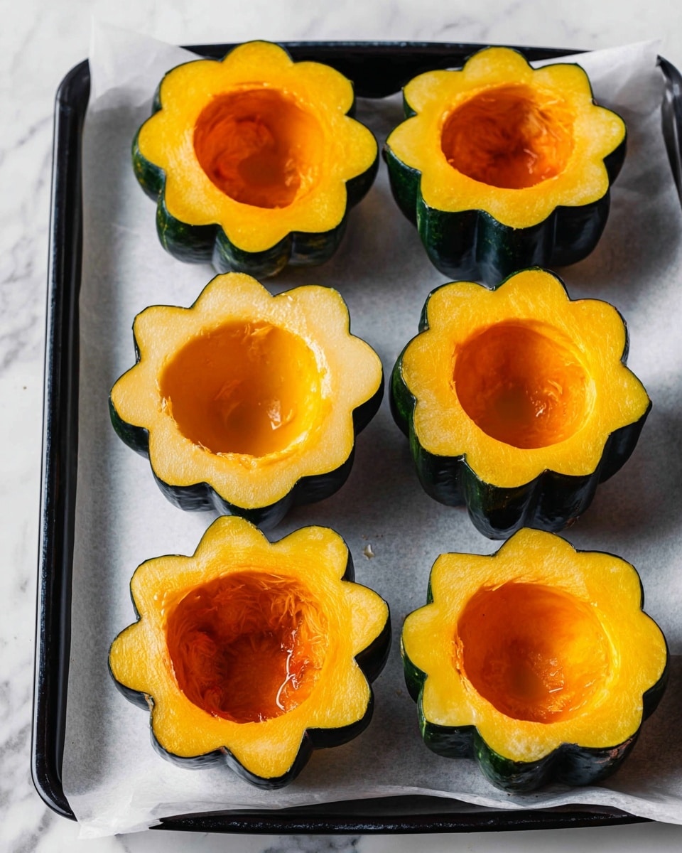The image shows six acorn squash halves arranged on a white baking tray lined with parchment paper. Each squash half has been hollowed out from the top, revealing a bright orange-yellow flesh with a smooth texture inside and a deep cavity. The outer skin of the squash is dark green with a slightly shiny surface, and the edge where it was cut has a scalloped flower-like shape. The tray holding the squashes is placed on a white marbled surface. Photo taken with an iphone --ar 4:5 --v 7