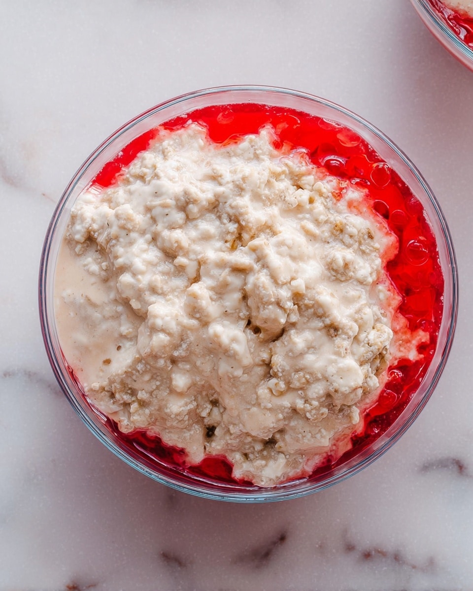 A clear glass bowl holds a two-layer dessert placed on a white marbled surface. The bottom layer is bright red with a jelly-like texture, showing some small round pieces inside it. The top layer covers most of the red layer and is creamy and lumpy with a light beige color, giving it a thick and rich look. photo taken with an iphone --ar 4:5 --v 7
