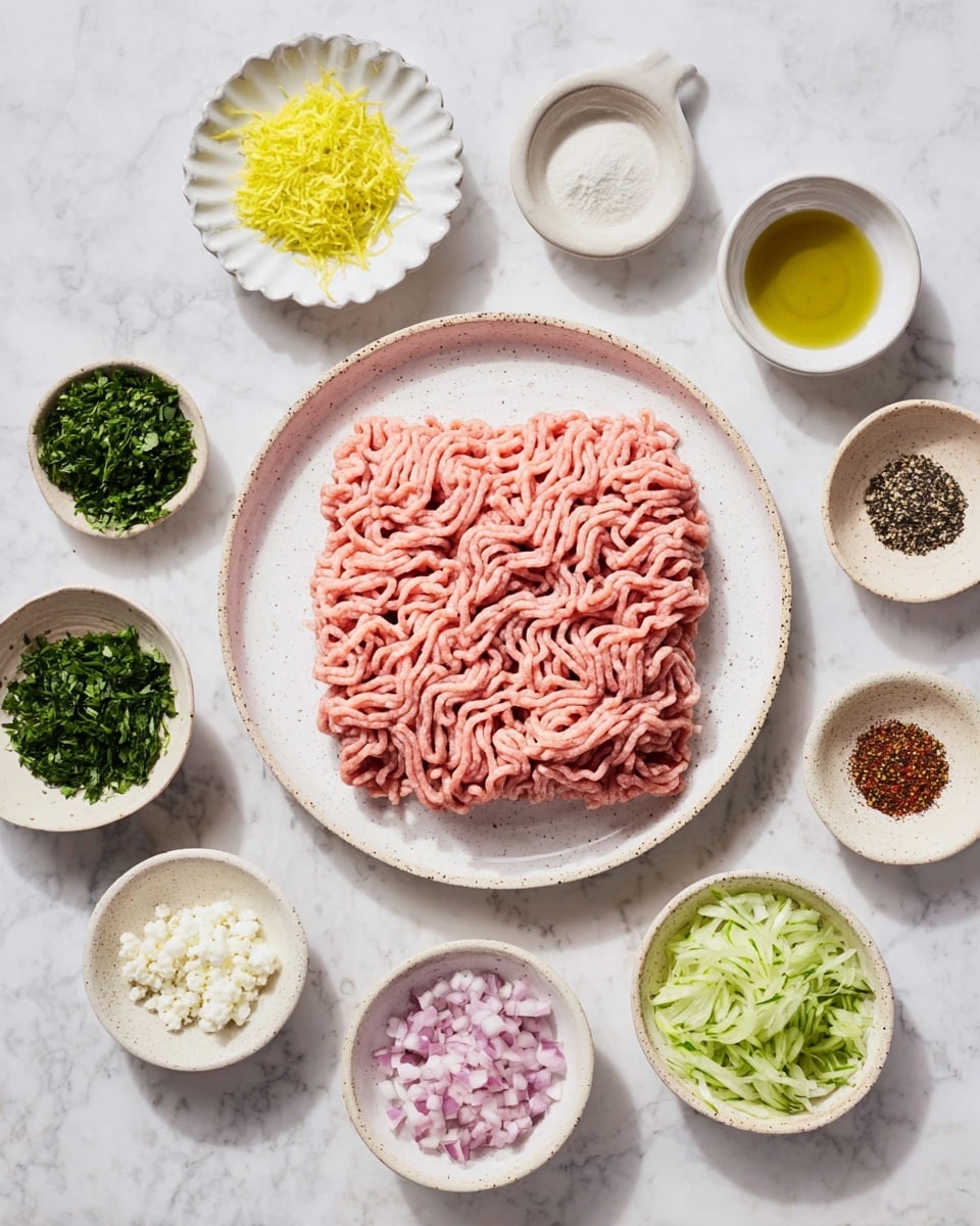 A white speckled round plate in the center holds a layer of light pink raw ground meat with a soft texture and wavy strands, surrounded by eight small white and beige bowls arranged in a loose circle on a white marbled surface. Starting from the top center and moving clockwise, there is a small white plate with bright yellow lemon zest, a scalloped white bowl with light brown oil, a small white bowl with chopped green herbs, a tiny white bowl with finely diced light purple onions, a small white measuring cup filled with white crumbly cheese, a small beige bowl with green and white shredded cucumber, a white dish with various ground spices in sections including black, red, white, and green, and finally a white bowl with finely chopped green herbs near the left side. The overall look is bright and fresh, and the ingredients are neatly arranged for easy viewing. Photo taken with an iphone --ar 4:5 --v 7