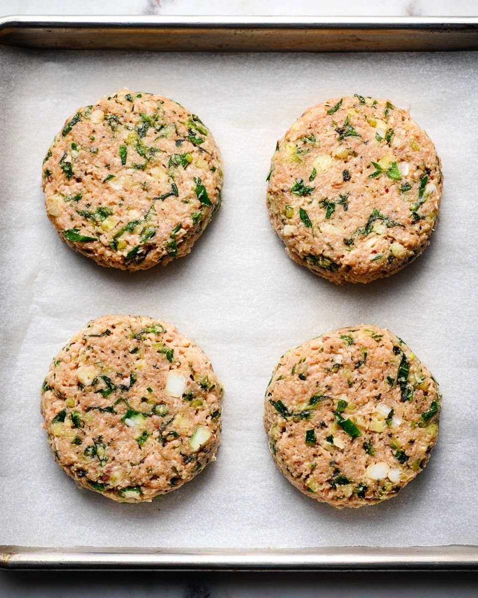 Four round patties sit on a sheet of white baking paper placed on a metal tray. Each patty is a mix of light pink and beige with visible green bits of herbs and small white chunks mixed in, giving a textured look. The patties have a slightly rough surface with pieces of herbs and ingredients evenly spread throughout. The background shows the edges of the tray with a white marbled texture underneath. photo taken with an iphone --ar 4:5 --v 7