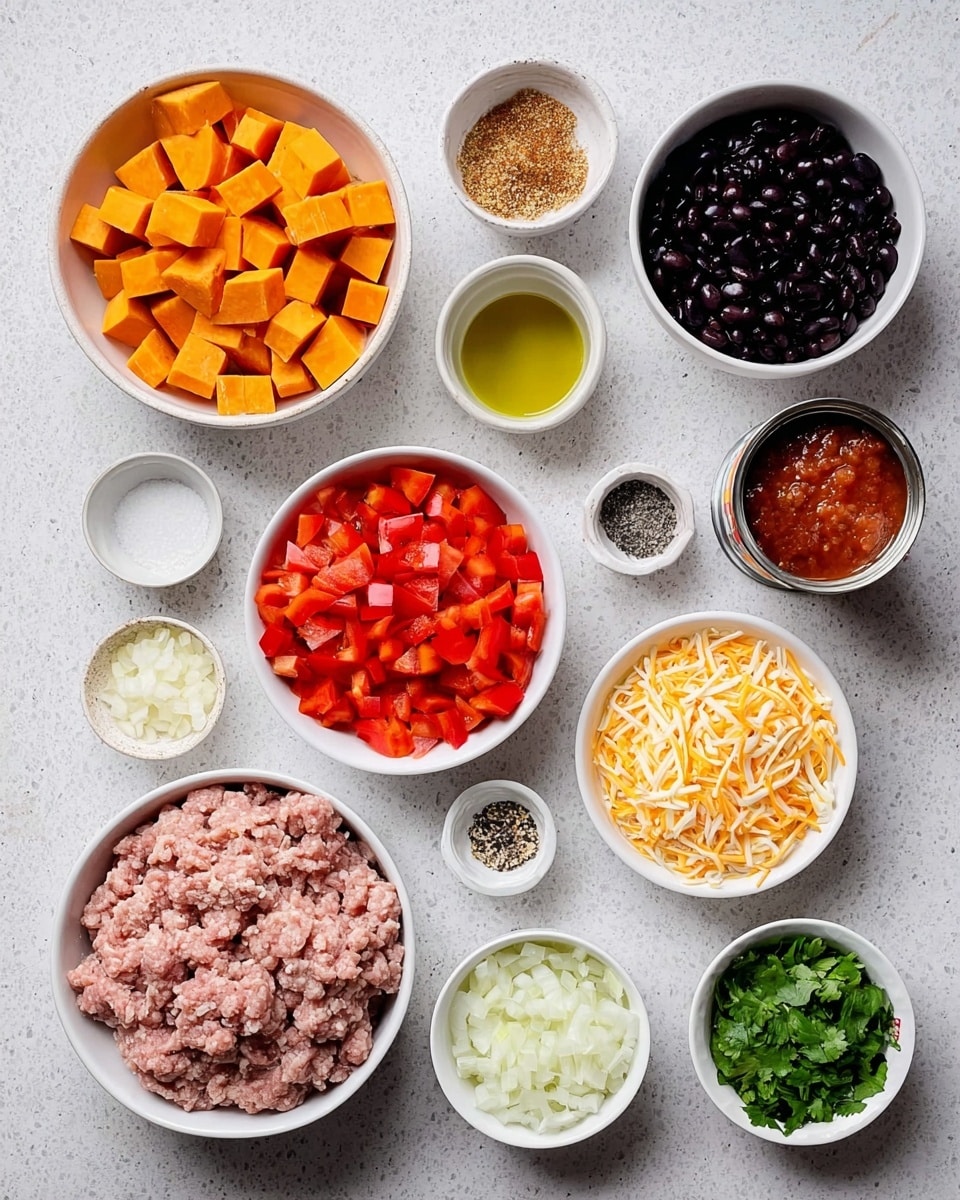 A white marbled surface holds several white bowls and plates arranged neatly, each containing a different ingredient. There is one bowl with cubed orange sweet potatoes on the bottom left, next to a bowl of dark black beans to the right. Above the black beans is a small bowl of olive oil, and above that is a small bowl with a seasoning mix with a brownish texture. To the right of the seasoning is a small vessel of coarse salt and pepper. In the center bottom is a bowl with raw ground meat with a pale pink color. Above the meat is a bowl filled with chopped bright red bell peppers, beside that to the right is a bowl of shredded cheese in light orange and white shades. To the right of the cheese is a small bowl with chopped white onions, above it is a small plate with minced garlic. On the bottom right are a can of fire-roasted diced tomatoes and a small bowl of chopped fresh green cilantro. Photo taken with an iphone --ar 4:5 --v 7