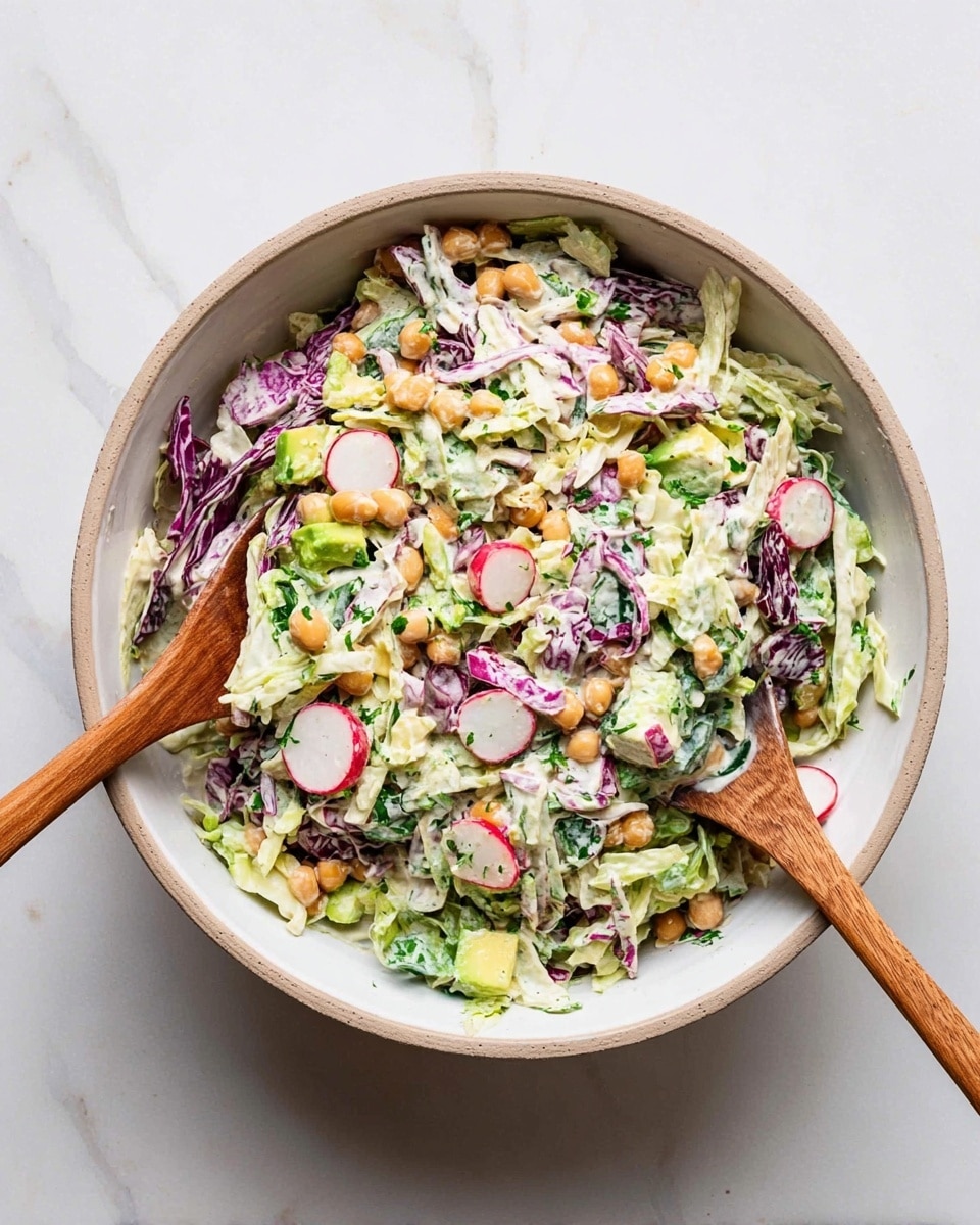 A large white bowl filled with a fresh mixed salad, showing about four main layers. The bottom layer is shredded light green and purple cabbage with a crunchy, leafy texture. Scattered across this are whole light brown beans and thin slices of red and white radishes, adding round shapes and bright colors. Mixed throughout the salad are fresh chopped green herbs and small pieces of avocado with a creamy texture. The entire salad is coated with a creamy white dressing that lightly covers the ingredients. Two wooden spoons rest inside the bowl, and the bowl sits on a white marbled surface photo taken with an iphone --ar 4:5 --v 7