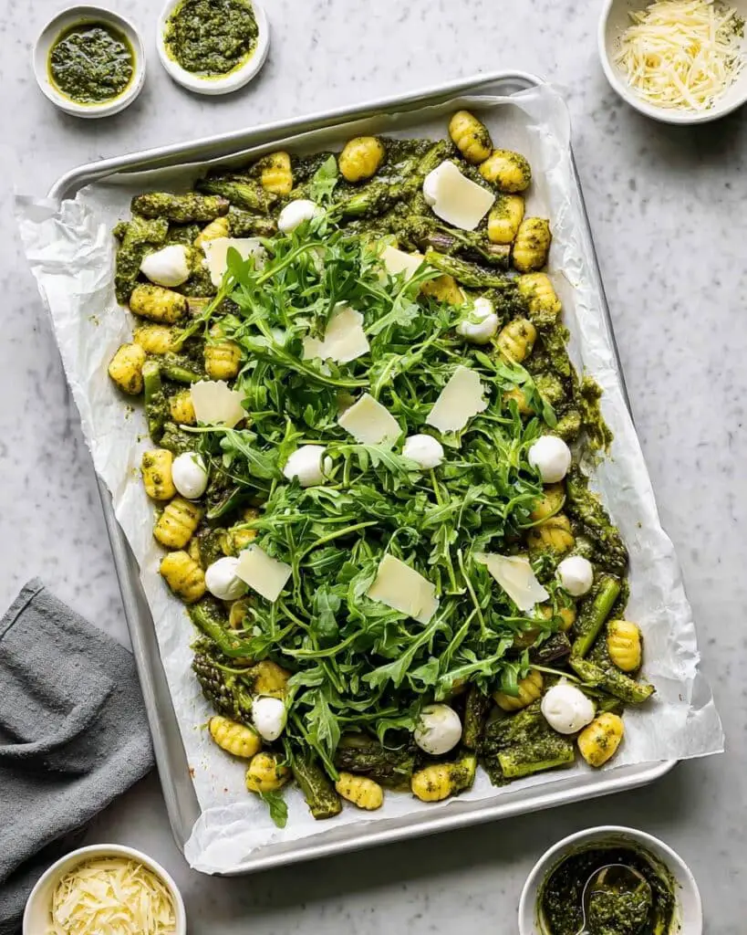 Spring Sheet Pan Gnocchi with Asparagus, Mozzarella, and Basil Pesto Recipe
