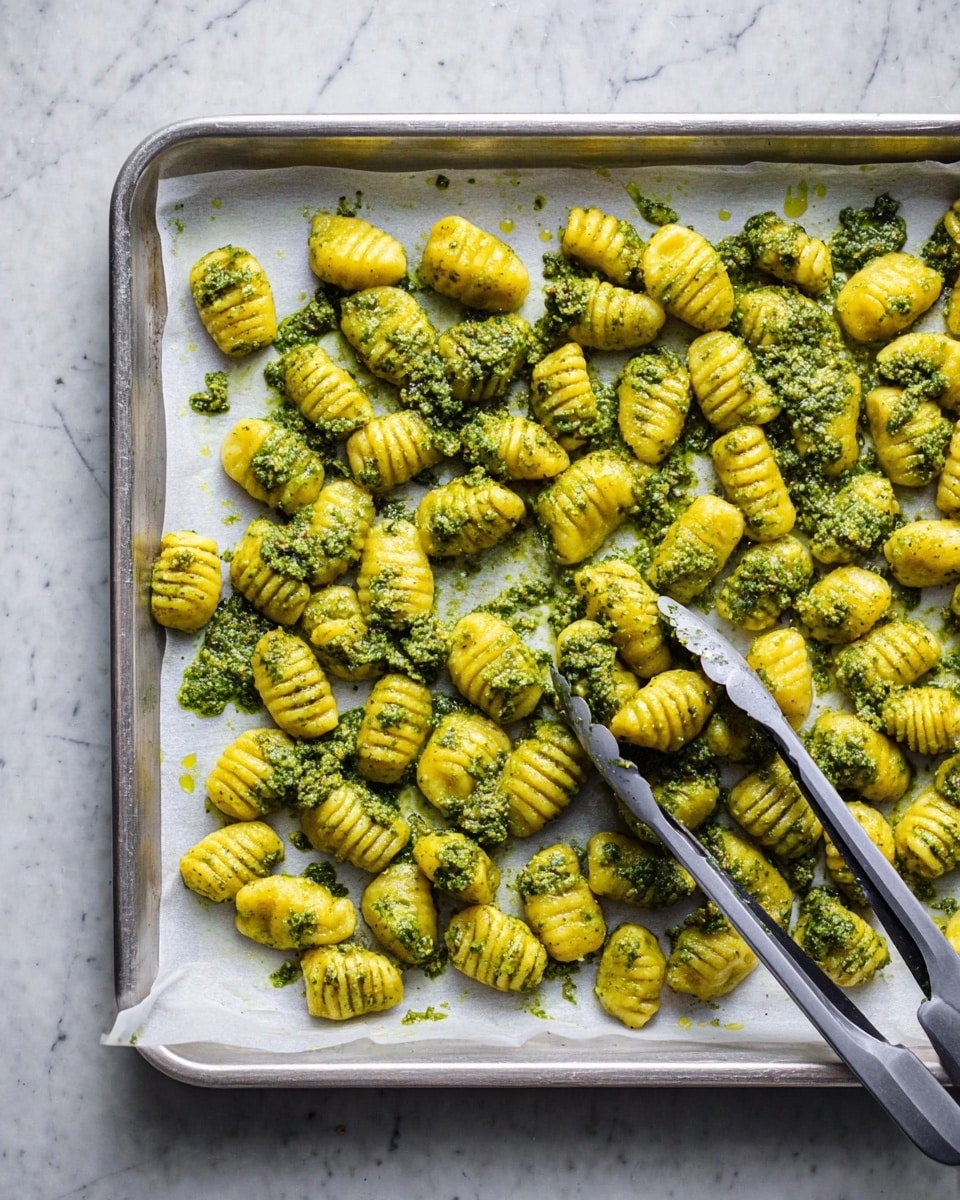 The image shows a metal baking tray lined with white parchment paper on a white marbled surface, filled with many small gnocchi pieces spread out evenly. Each gnocchi is covered in green pesto sauce, which is unevenly spread with some spots of sauce on the paper. The gnocchi pieces are yellow with ridged textures on top, adding detail. A silver tong with gray handles is placed among the gnocchi, partly picking up some pieces. Photo taken with an iphone --ar 4:5 --v 7
