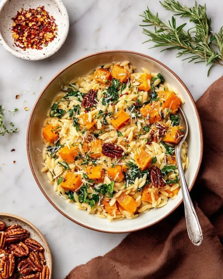 Butternut Squash and Kale Orzo with Toasted Rosemary Garlic Pecans Recipe