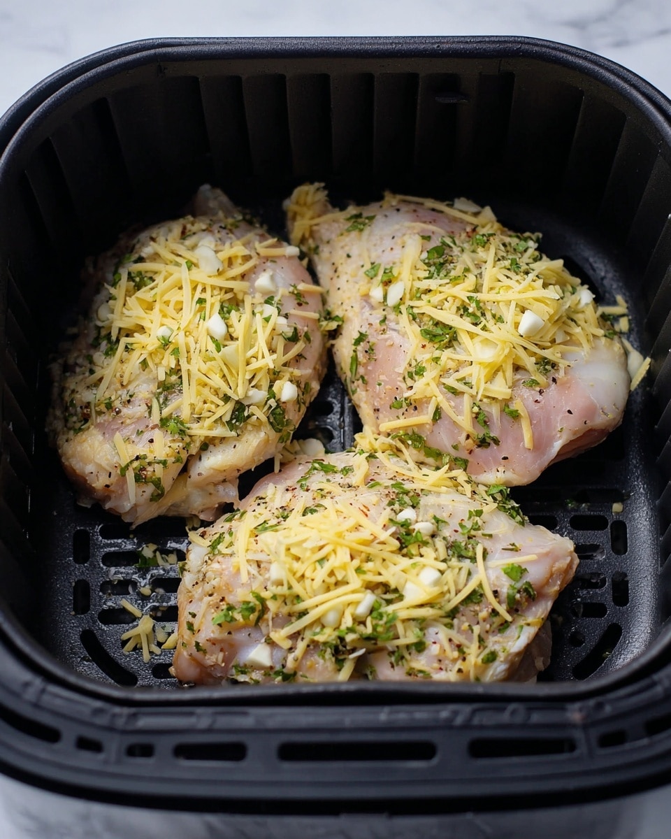 Three pieces of raw chicken thighs are placed inside a black air fryer basket. Each piece is covered with a topping that includes shredded yellow cheese, small white garlic pieces, and chopped green herbs. The chicken skin is pale pink with some white fat showing, and there are small black pepper specks visible. The cheese and herb mixture is spread unevenly, creating layers of soft and slightly chunky texture on each piece. The basket has gaps visible underneath the chicken, and the background is a white marbled surface. Photo taken with an iphone --ar 4:5 --v 7