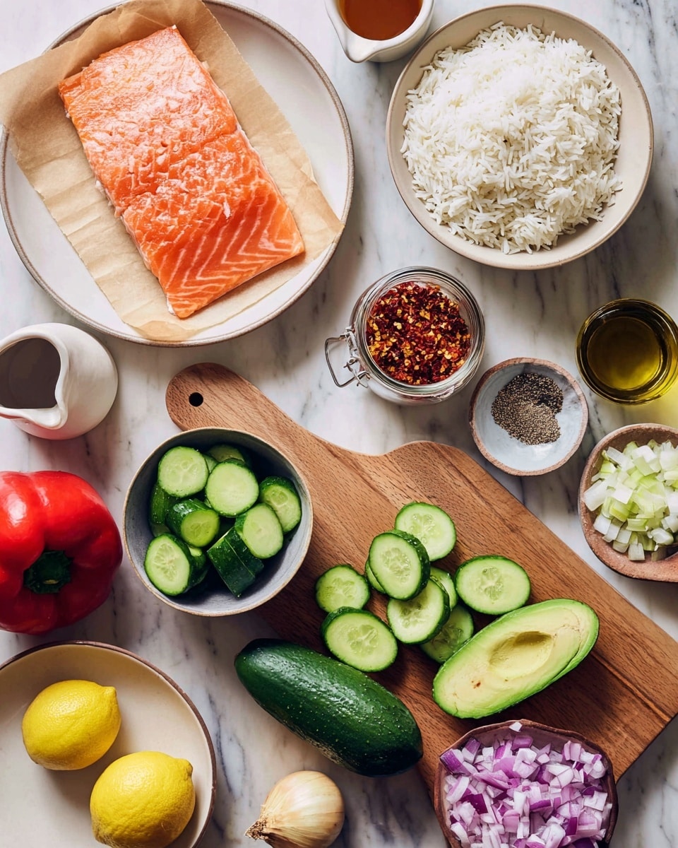 A flat lay image showing fresh cooking ingredients arranged neatly on a white marbled surface; in the top left, a white bowl holds a thick, raw piece of salmon with a rich orange color and smooth texture resting on parchment paper, next to it a white bowl filled with fluffy white rice. To the right, a small glass jar contains chunky red chili flakes, nearby a small white cup holds a brown liquid, and a white ceramic jug is present. Below, a wooden cutting board has several whole and sliced cucumbers showing bright green skin and pale green interiors, with a small gray bowl of cracked black pepper on the board. To the right of the cutting board, a white bowl contains two halves of bright green avocado with the seed still in one half, and another bowl has finely chopped purple onions. Bottom left shows a white plate with a few fresh yellow lemons, a small shallot, and a bottle of olive oil. A partially sliced bright red bell pepper is placed beside the cutting board. Photo taken with an iphone --ar 4:5 --v 7