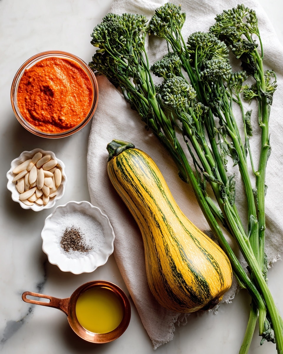 A white cloth on a white marbled table holds a bunch of broccolini with dark green stems and small green buds on the top right, next to a delicata squash with yellow skin and green stripes lying horizontally in the center. To the left, there is a small glass bowl filled with bright red-orange romesco sauce with a textured surface. Below it, a small round white bowl with scalloped edges contains white kosher salt and black pepper in two small piles. Near the bottom left is a small white bowl filled with sliced almonds in various shades of beige and brown, and next to it is a tiny copper bowl holding golden olive oil. Photo taken with an iphone --ar 4:5 --v 7