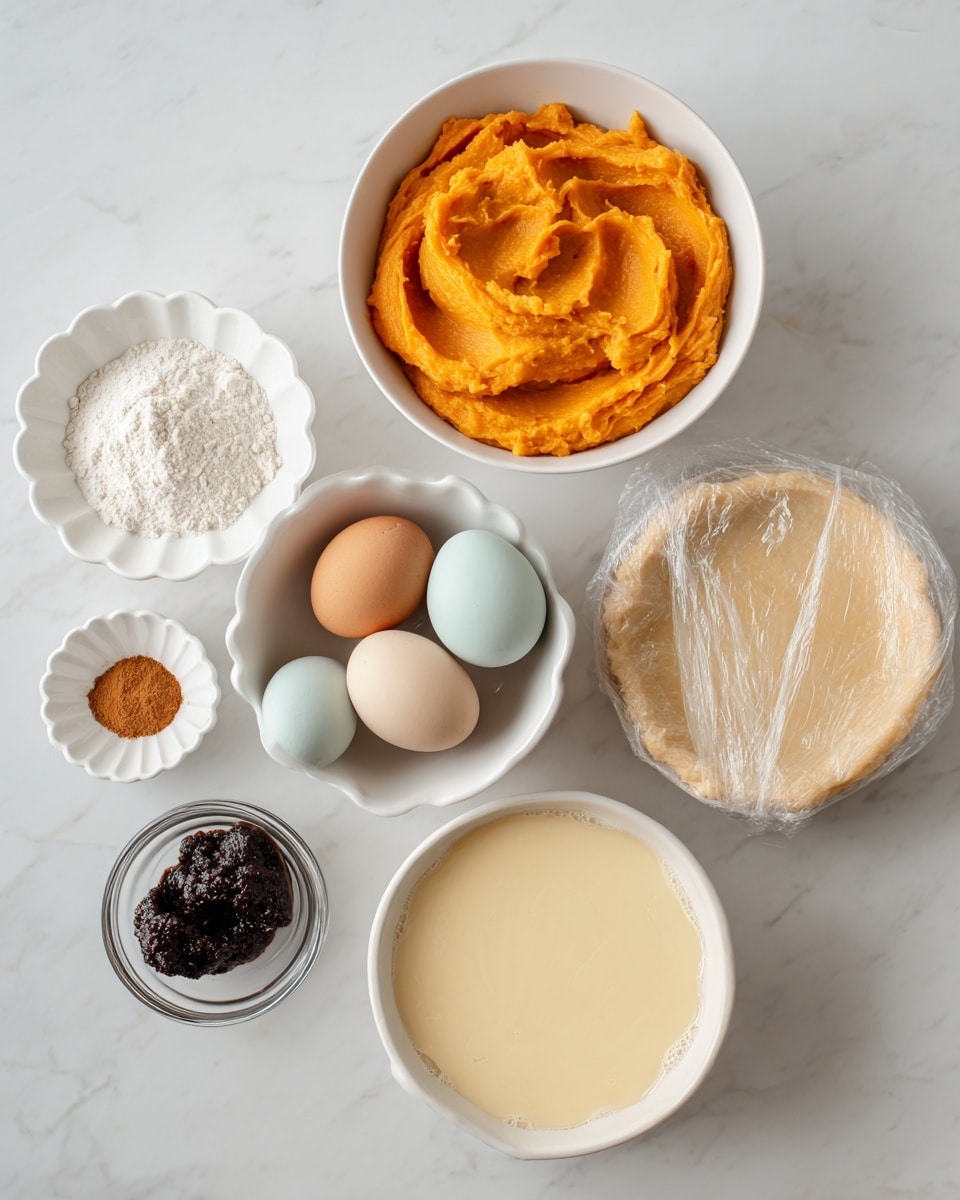 The image shows several ingredients laid out neatly on a white marbled surface. There is a white bowl at the top filled with bright orange pumpkin puree, below it is a white bowl holding three eggs in light blue, cream, and brown colors. To the left, a small white scalloped dish holds a small pile of pumpkin pie spice next to some salt. Below that, a small clear glass bowl contains dark vanilla bean paste. At the bottom, a white bowl is filled with smooth, pale yellow sweetened condensed milk. On the right side, a folded refrigerated pie crust is still in clear plastic wrap, showing a light beige color. All items are arranged in a clean, organized way. photo taken with an iphone --ar 4:5 --v 7