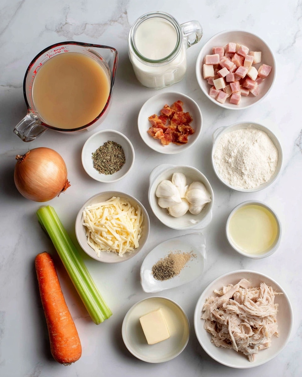 The image shows various ingredients laid out on a white marbled surface with clear labels above or beside each item: a clear glass measuring cup filled with light brown stock is on the top left, next to a glass jar of white milk. To the right, a small white bowl holds small pink cubes of bacon. Below these, an onion with pale brown skin sits near a small white bowl of white flour and another white bowl of shredded light brown turkey meat. Below, two light brown potatoes rest beside a white bowl filled with white cream, and a white bowl with a mix of black and white spices. On the left side, a clear bowl of shredded pale yellow cheese is positioned near two small white garlic cloves and two whole orange carrots. A bright green stalk of celery lies near the center, with a small bowl of pale yellow butter and another bowl of clear oil nearby. The clear labeling text is simple and black. photo taken with an iphone --ar 4:5 --v 7