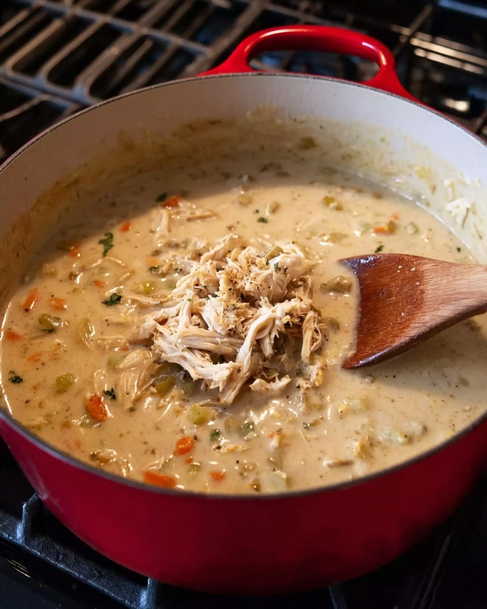 A red pot filled with thick creamy soup with visible small chunks of vegetables in a light beige base, topped with a pile of shredded light brown cooked chicken at the center. A wooden spoon is dipped into the soup on the right side, resting on the edge of the pot. The pot sits on a stovetop burner, and the background shows the metal stove burners and stove frame. Photo taken with an iphone --ar 4:5 --v 7