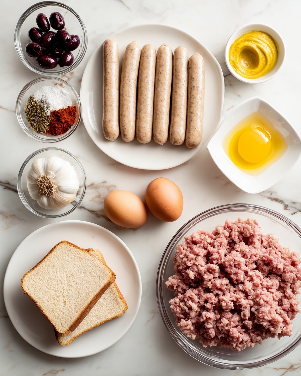The image shows ingredients neatly arranged on a white marbled surface. In the top right, there is a white round plate filled with eight pale beige sausages laid side by side. To the left of the sausages, two small clear glass bowls hold dark olives and a mix of spices in red, white, and green colors. Below these, two cloves of garlic and a whole yellow onion are placed. In the lower left, a small stack of two slices of white bread rests on a white plate. Near the bread, there is a small bowl containing three eggs – one brown and two white. A small glass bowl with yellow mustard sits near the onion, and to the right, a large clear bowl holds pinkish ground meat with visible texture. A small glass container filled with light yellow cooking oil is at the bottom. The arrangement creates a clear and tidy view of the cooking ingredients. photo taken with an iphone --ar 4:5 --v 7