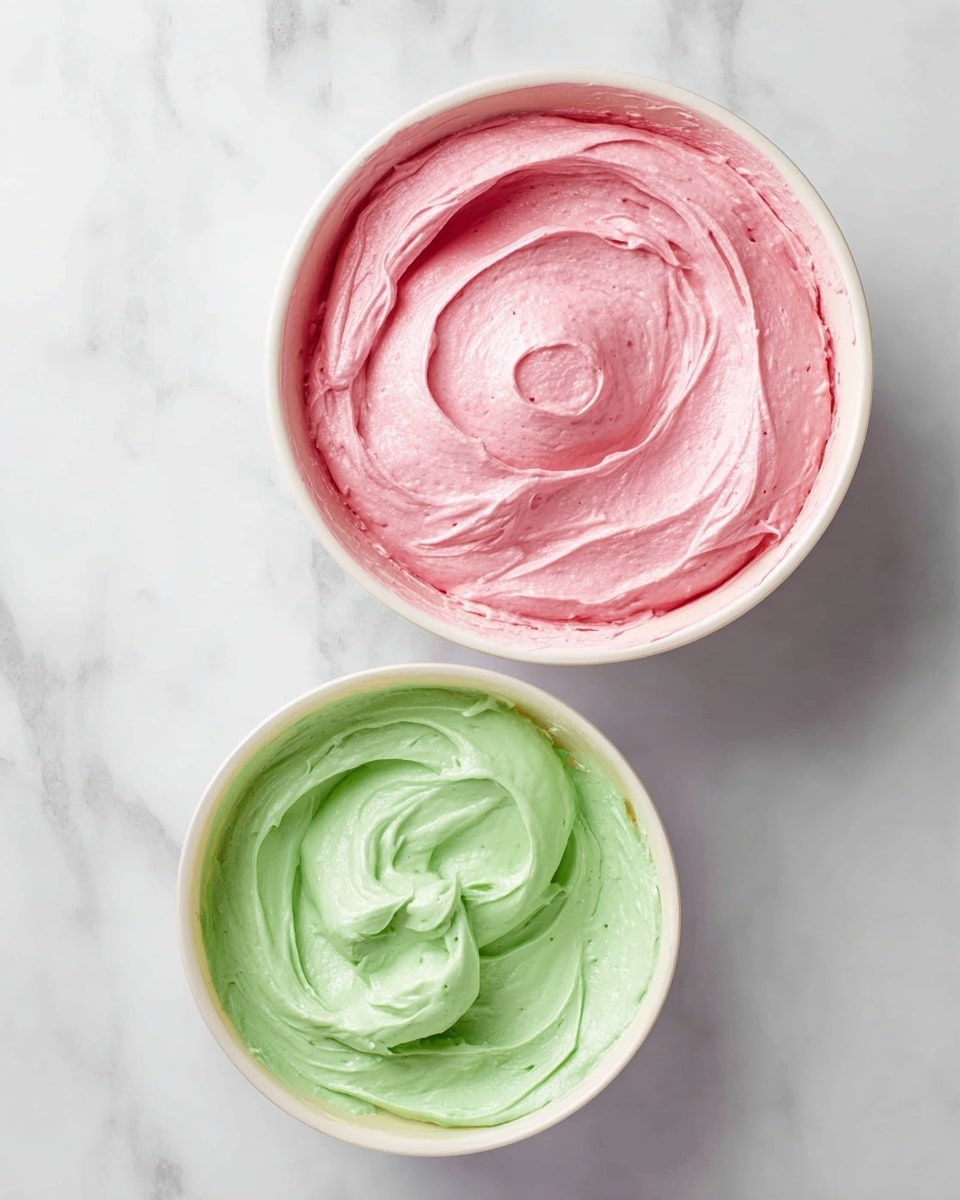 Two bowls sit on a white marbled surface, each filled with smooth, whipped frosting. The larger white bowl at the top holds a thick layer of soft pink frosting swirled gently in a circular motion, creating light shadows and a creamy texture. Below it, a smaller white bowl contains a similar swirl of vibrant green frosting. Both frostings have a light, airy appearance with small peaks and curves from the swirling. photo taken with an iphone --ar 4:5 --v 7