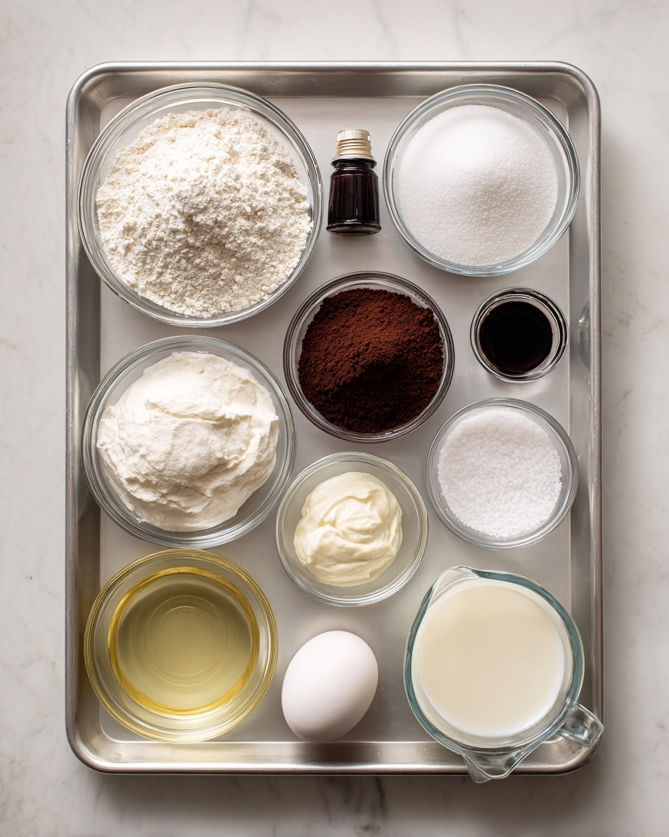 A silver baking tray holds eleven clear glass containers with labeled ingredients arranged in a neat grid on a white marbled texture. The largest bowl at the top left contains white cake flour with a soft powdery texture, next to it on the right is a similar bowl filled with fine white sugar. Below the flour is a bowl with dark black cocoa powder, dry and rich in texture, and right of it a smaller bowl with white baking soda powder. In the top center, a small bottle of dark-colored food coloring sits upright. To the right, a tiny bowl contains white salt granules. Below the cocoa, a bowl of thick white sour cream sits, with a smooth, creamy texture, beside it a bowl of clear, pale yellow vegetable oil, shiny and liquid. At the bottom right, a glass measuring cup contains creamy buttermilk with a slight froth on the surface, next to it a single smooth white egg rests. Below the buttermilk, a small glass dish holds dark brown vanilla extract, and to its left is an empty small bowl labeled white vinegar. The whole setup is very clean and orderly. Photo taken with an iphone --ar 4:5 --v 7