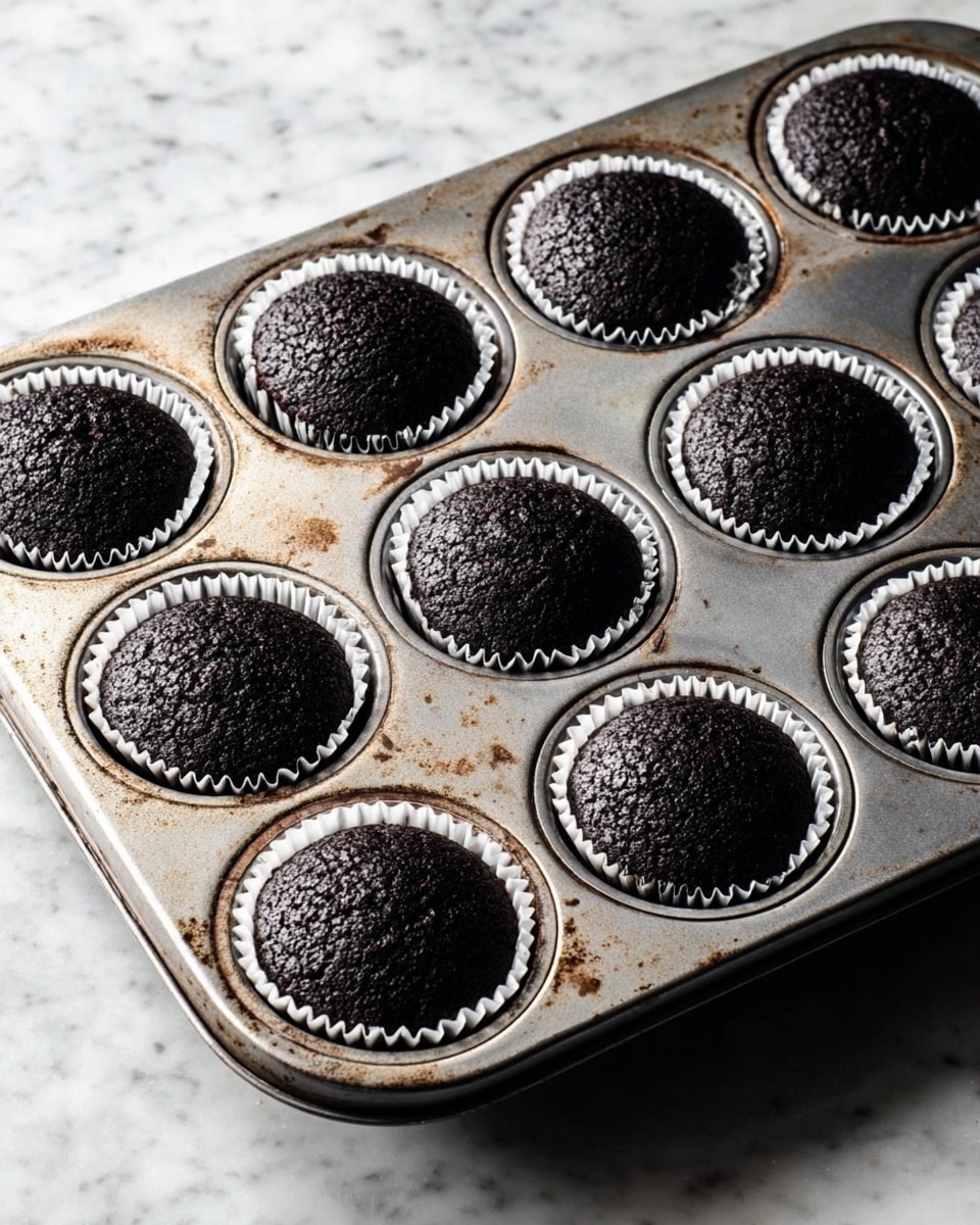 A metal cupcake tray holding ten dark black cupcakes, each nestled in a white paper liner. The cupcakes have a slightly rounded top with a rough, textured surface. The tray sits on a white marbled surface, showing slight discoloration and marks from use. The lighting is soft and natural, highlighting the contrast between the dark cupcakes and the light background. photo taken with an iphone --ar 4:5 --v 7