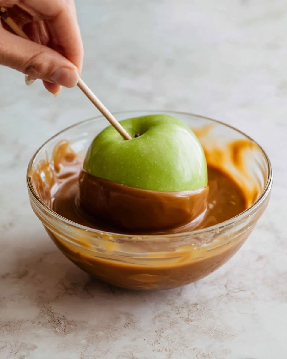 A fresh green apple on a wooden stick is being dipped into a smooth, thick caramel sauce inside a clear glass bowl. The caramel covers the lower half of the apple with warm brown color and shiny texture, while the top half stays bright green and smooth. The bowl sits on a white marbled surface, and a woman's hand gently holds the stick at the left edge of the image. photo taken with an iphone --ar 4:5 --v 7