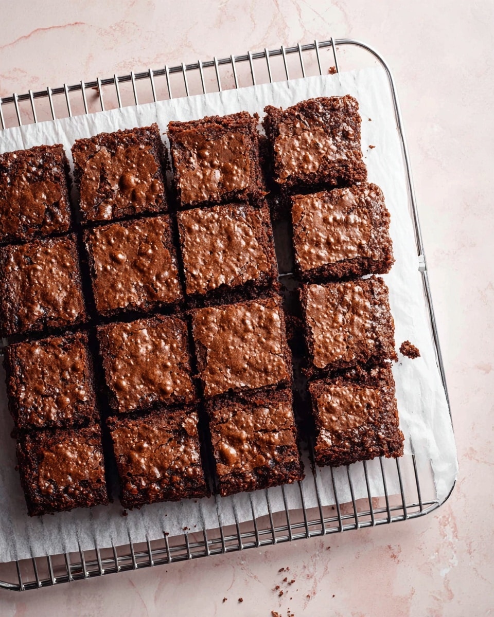 A square batch of chocolate brownies is shown on a silver wire cooling rack lined with white parchment paper. The brownies are cut into 16 smaller squares arranged in a 4x4 grid. The top layer is a dark brown cracked crust with a slightly shiny texture and some small chocolate bubbles on the surface. Some crumbs are scattered around the edges on the parchment paper. The background is a white marbled surface. photo taken with an iphone --ar 4:5 --v 7