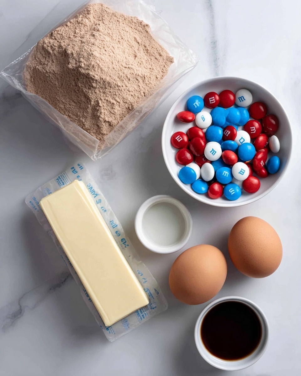 The image shows the ingredients for making brownies arranged neatly on a white marbled surface. In the top left, there is a transparent plastic bag filled with light brown powder labeled brownie mix. To the right of it, a white bowl is filled with colorful M&M candies in red, blue, and white colors. Below the brownie mix, there is a stick of unsalted butter wrapped in white paper with bright blue text. Next to the butter on the right, two brown eggs are placed on the surface. Two small white bowls contain dark liquids labeled as coffee and vanilla, positioned near the eggs and butter. The setup is simple, clean, and well spaced. Photo taken with an iphone --ar 4:5 --v 7
