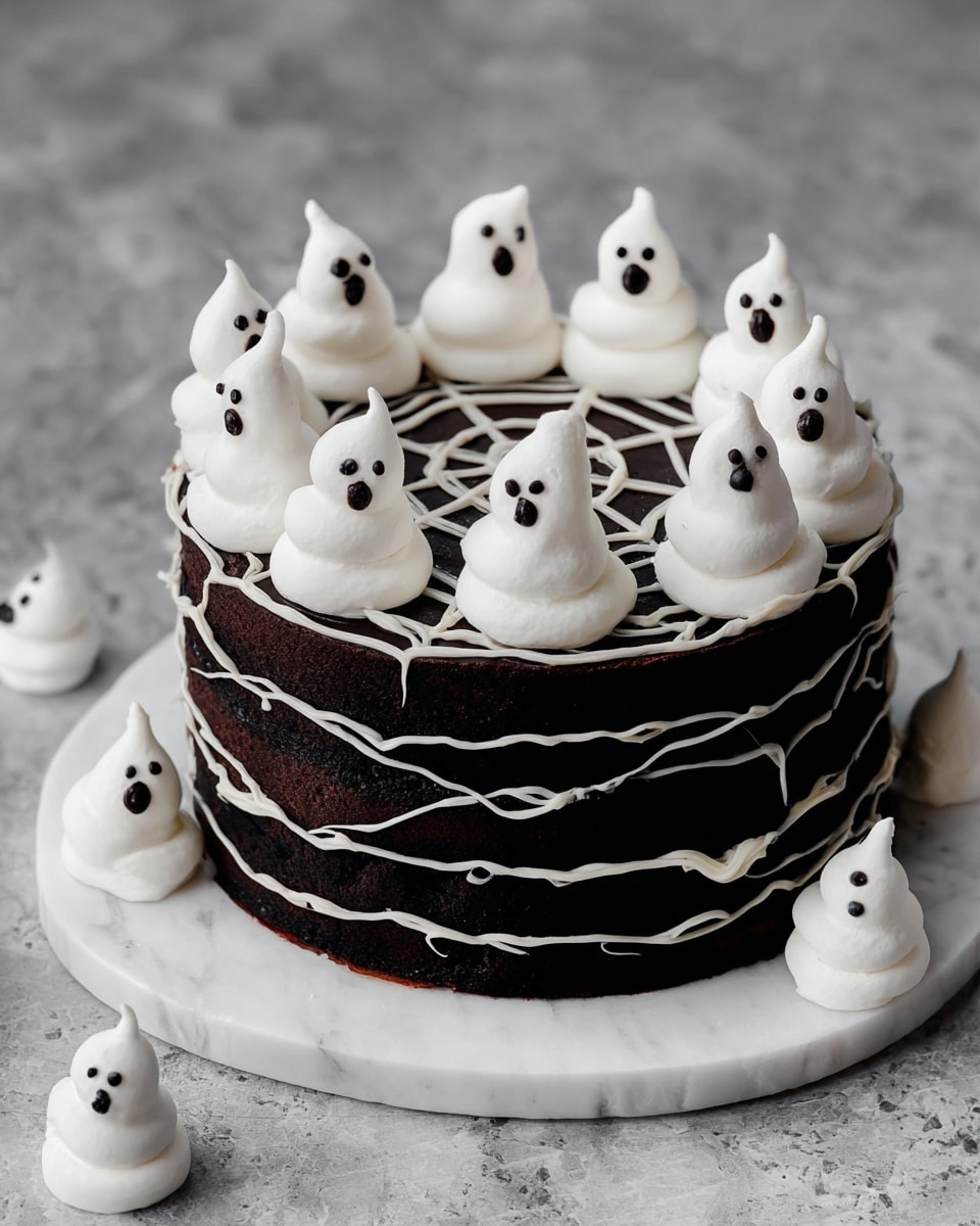 A dark chocolate cake with three visible layers, coated in smooth dark chocolate frosting, is wrapped in white chocolate drizzles that create a web-like pattern around the sides and top. On the top of the cake, there are twelve white meringue ghosts evenly spaced in a ring, each with two small dark chocolate dots for eyes and an open mouth shape, giving them a surprised look. Around the cake on the white marbled surface, there are several smaller meringue ghosts arranged randomly. The cake sits on a plain white round plate. Photo taken with an iphone --ar 4:5 --v 7