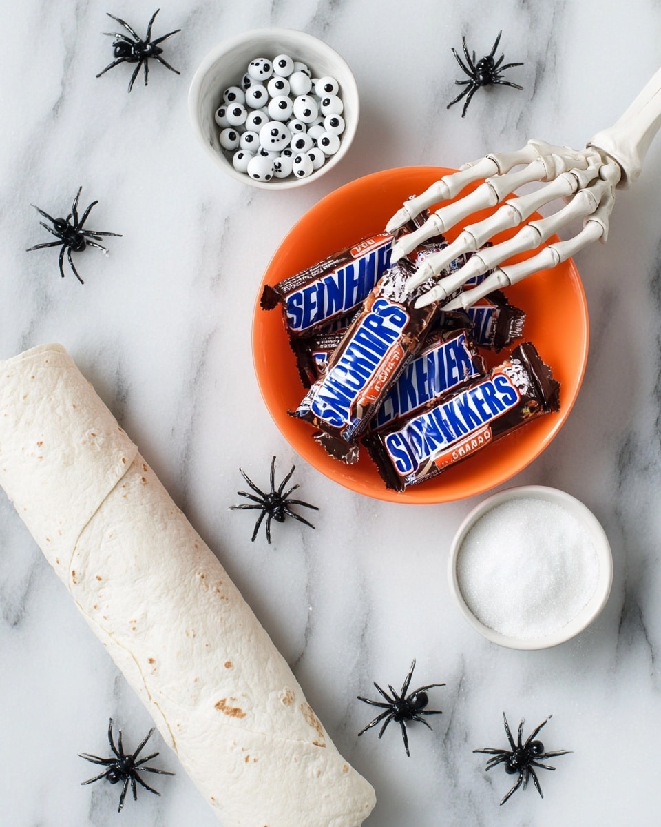 The image shows a white marbled surface with a white rolled tortilla on the left side. Near the tortilla, there is a round white bowl filled with small white candy eyes with black pupils. To the right, there is a small white bowl filled with white powdered sugar and a tiny black plastic spider on top. Above this bowl is a white skeleton hand reaching over an orange bowl full of fun size Snickers bars in brown and blue wrappers. Several small black plastic spiders are scattered around the surface. Photo taken with an iphone --ar 4:5 --v 7
