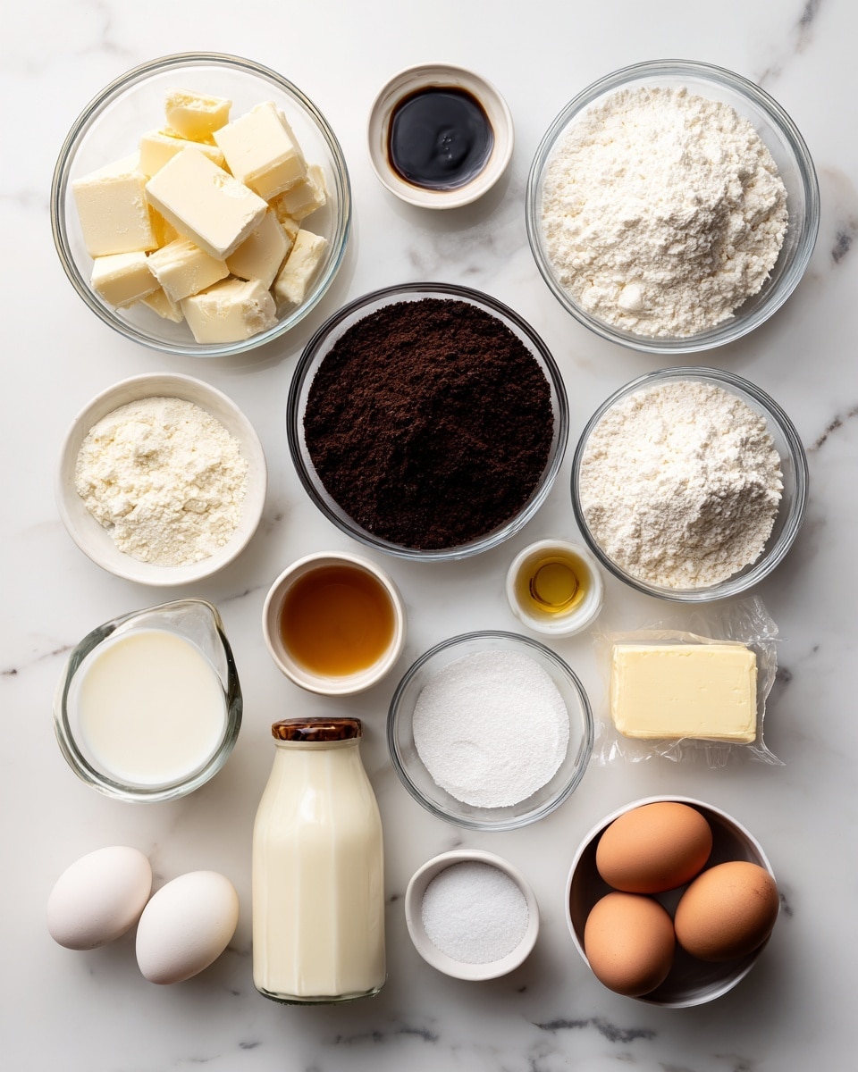 The image shows various ingredients arranged neatly on a white marbled surface. Each ingredient is placed in clear glass bowls or containers, except for the eggs which are directly on the surface. Starting at the top left, there are chunks of white chocolate. To the right of that is a bowl filled with powdered sugar. Below the white chocolate is a small bowl of cornstarch, and next to it a larger bowl filled with flour. To the right of the flour sits a bowl of black cocoa powder. Below the black cocoa is a glass of milk. To the left of the milk is a small bowl filled with vegetable oil, and next to the oil is a bottle of corn syrup with a beige cap. Near the bottom left corner are a small bowl of vanilla extract, a white bowl of sugar, two brown eggs, a stick of butter in its paper wrapper, a small bowl of salt, and a small bowl of baking powder. Each ingredient is clearly labeled with black text on a white background. The shot is taken from above, showing all items clearly and evenly spaced, photo taken with an iphone --ar 4:5 --v 7