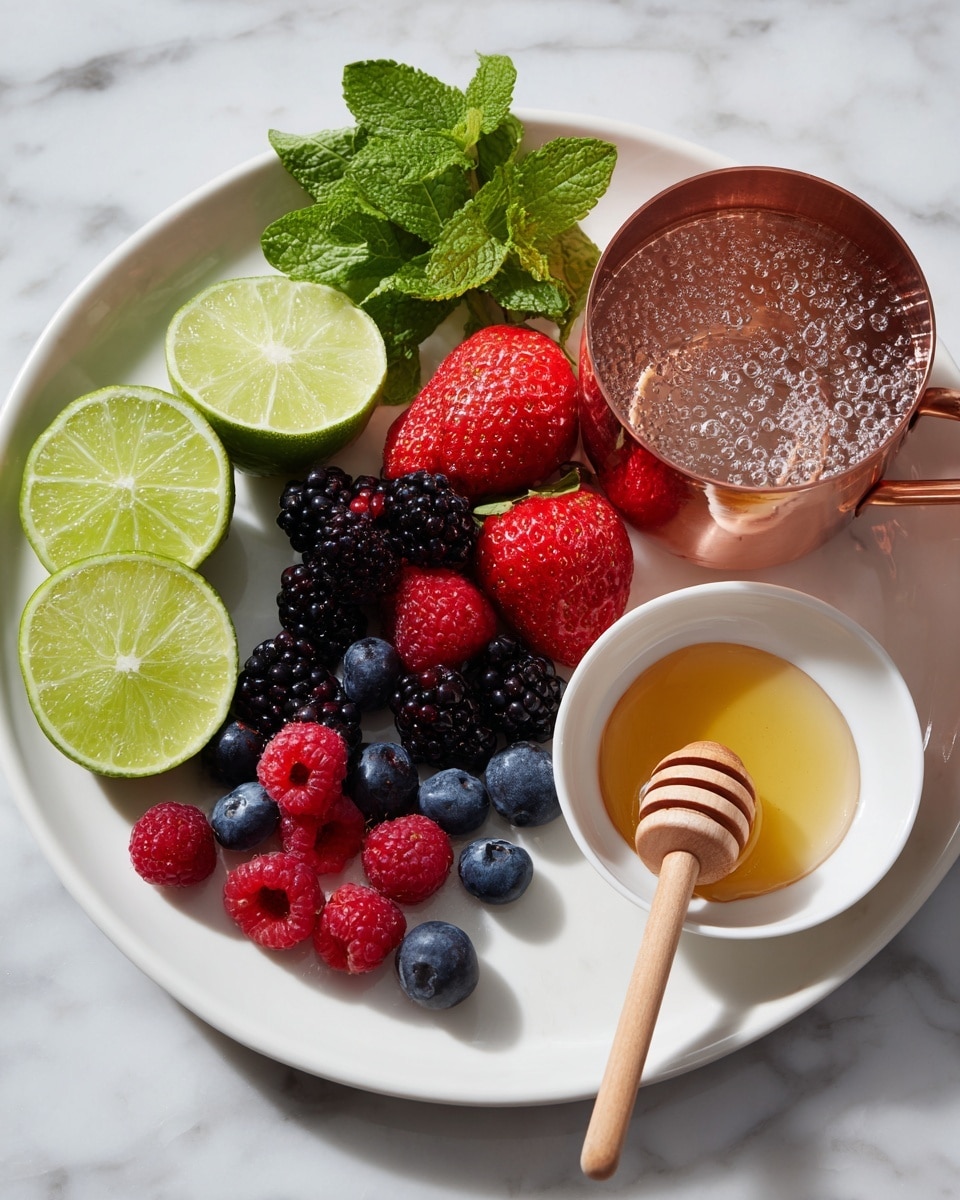 A white round plate with six lime wedges grouped on the left side above a small bunch of fresh bright green mint leaves, next to a shiny copper measuring cup filled with clear bubbly club soda or sparkling water in the center. Above the lime are fresh mixed berries including red halved strawberries, black blackberries, dark blue blueberries, and a few red raspberries, arranged in a loose cluster. To the right side of the plate is a small white bowl filled with golden honey with a wooden honey dipper resting inside it, and below it is a small clear glass cup with plain white rum. The background is a white marbled texture. photo taken with an iphone --ar 4:5 --v 7