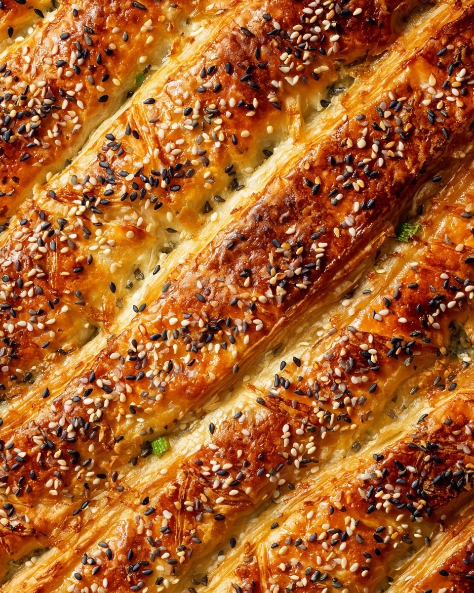 The image shows a close-up of a golden-brown puff pastry with diagonal cuts forming a braided pattern on top. The top layer is shiny and crisp, sprinkled generously with white and black sesame seeds along with small toasted bits that add texture. Between the diagonal slits, a glimpse of a creamy filling with small green pieces is visible, suggesting a layered inside beneath the flaky crust. The background is a white marbled surface. photo taken with an iphone --ar 4:5 --v 7