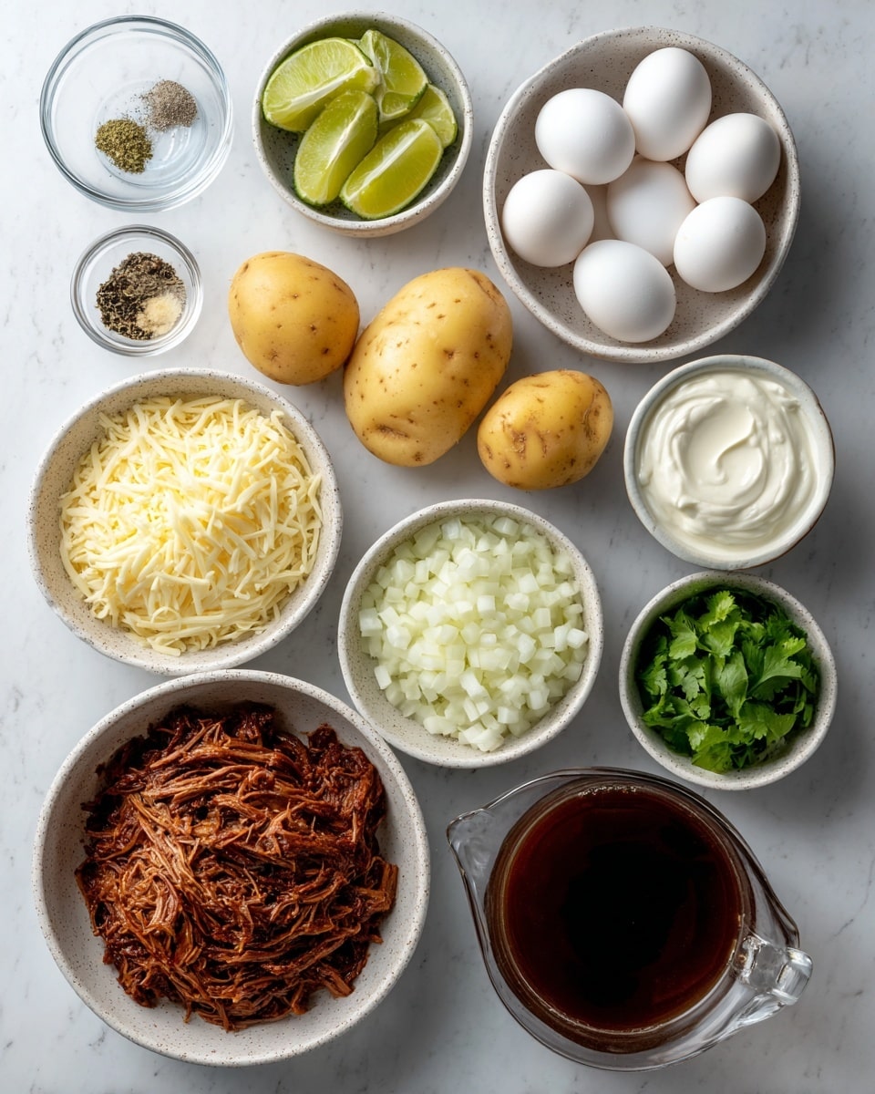 The image shows various cooking ingredients arranged neatly on a white marbled surface. Starting from the top left are small clear bowls containing pepper and salt, followed by a white bowl with lime wedges. To the right, a larger speckled white bowl holds six whole white eggs. Below the eggs are two cubes of butter in a small white bowl. In the center, a white bowl is filled with shredded mozzarella cheese, next to a similarly sized white bowl of finely chopped red onions. Below these, a larger speckled white bowl contains shredded birria meat, and beside it is a clear measuring cup filled with dark birria consommé. On the left side, two whole Yukon gold potatoes sit near a round white bowl of fresh green cilantro, a clear bowl of sour cream with a smooth swirl on top, and a small clear bowl of olive oil. All items are labeled with text tags. photo taken with an iphone --ar 4:5 --v 7