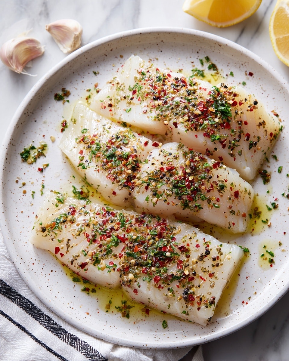 Three pieces of white fish fillets lie flat on a white speckled plate. Each fillet is coated with a layer of olive oil, giving a shiny look, and sprinkled with a mix of cracked black pepper, red pepper flakes, and dried herbs that cover the surface evenly. The fish is laid out in a roughly triangular shape with the plate resting on a white marbled surface. A folded white cloth with black stripes is placed next to the plate, and parts of a lemon and garlic bulb appear near the edges of the frame. Photo taken with an iphone --ar 4:5 --v 7