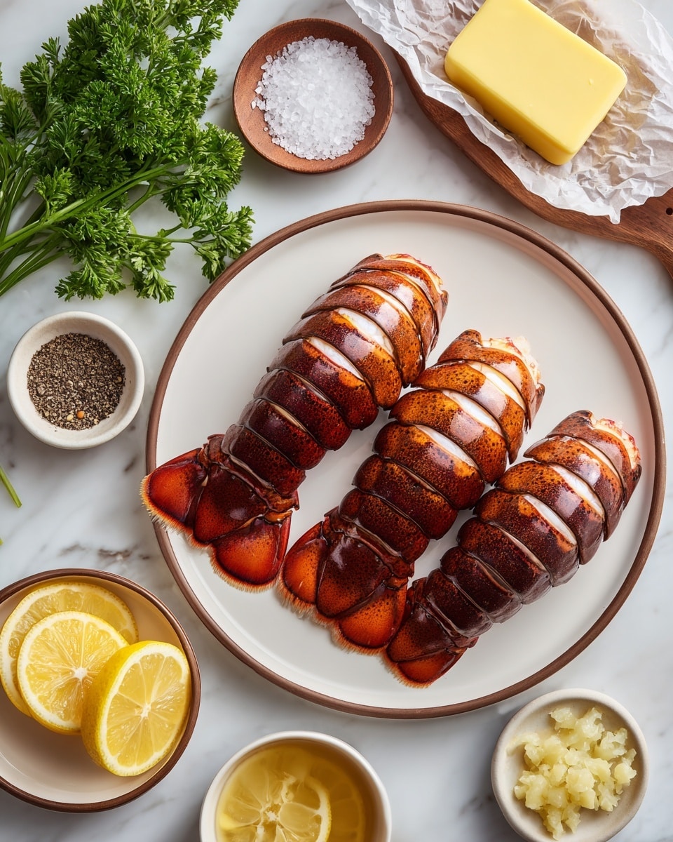 The image shows a white plate with a brown rim in the center holding five cooked lobster tails stacked in two layers, their shells a deep reddish-brown with a slightly glossy texture, and white lobster meat visible at the wider ends. To the left, a smaller white plate with a brown rim holds bright yellow lemon wedges neatly arranged. Above the lobster plate, a small wooden bowl contains coarse kosher salt, and nearby is a pat of yellow butter resting on crumpled white paper. A bunch of fresh green parsley rests in the upper left corner. To the left of the lobster, a small white bowl with black pepper is scattered inside. At the bottom right, a white bowl has minced garlic with a coarse texture. Everything is placed on a white marbled surface. Photo taken with an iphone --ar 4:5 --v 7