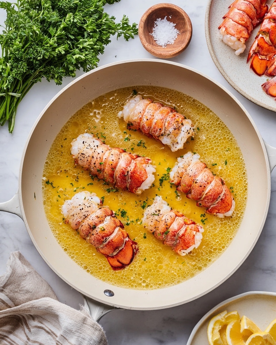 The image shows a white pan with four lobster tails cooking in melted butter. The lobster tails are pink and white with black pepper sprinkled on top, arranged evenly spaced inside the pan. The butter is golden yellow and bubbly, covering the bottom of the pan. To the upper left of the pan, there is a bunch of fresh green parsley on a white marbled surface. Above the pan, there is a small round wooden bowl filled with coarse sea salt. To the right of the pan, a white plate holds extra cooked lobster tails, showing their bright red shell and white meat. At the bottom right, part of a white plate with lemon wedges is visible. The setting is bright with soft natural light. photo taken with an iphone --ar 4:5 --v 7
