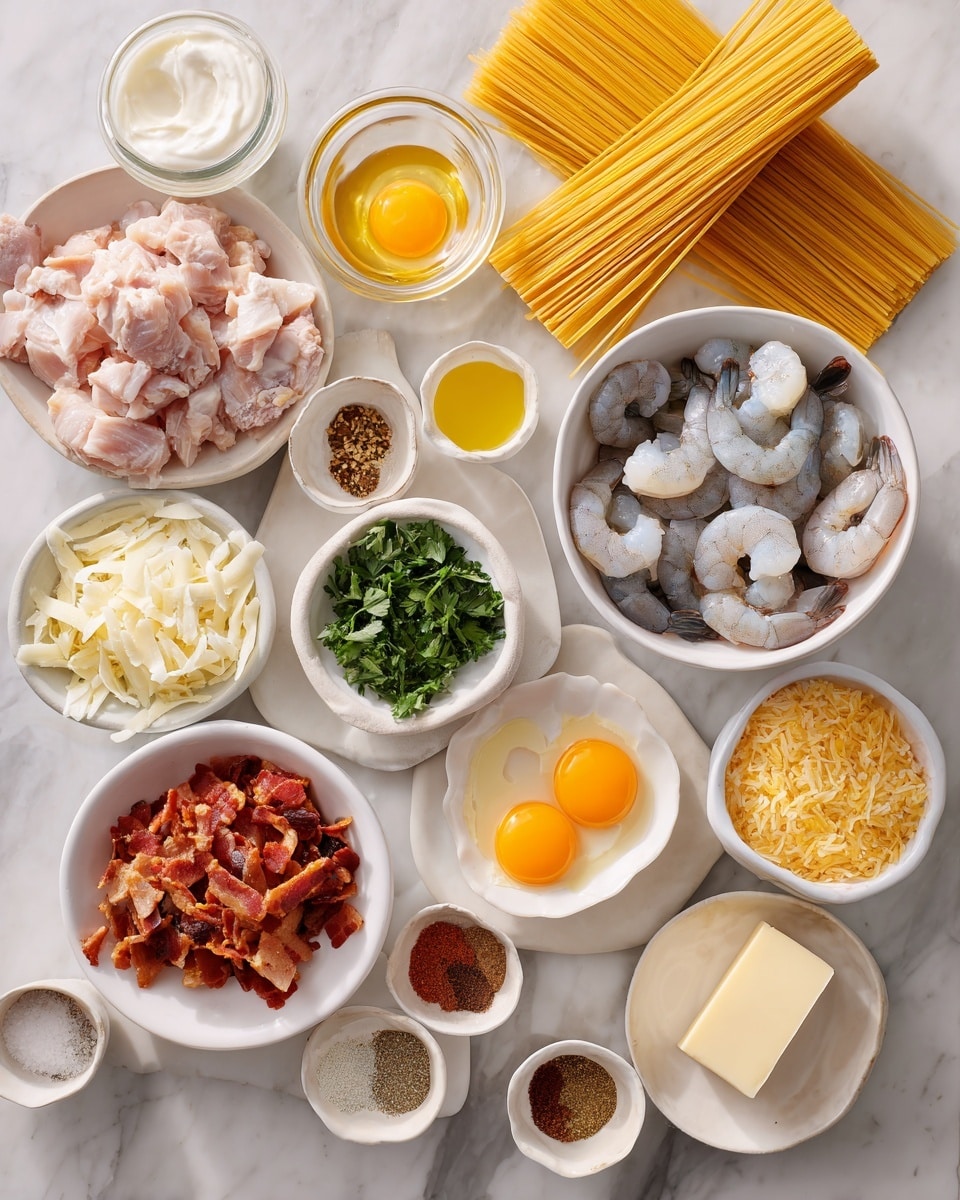 The image shows an overhead view of various raw ingredients neatly placed on a white marbled surface. At the center, a white bowl holds raw chicken pieces on one side and gray shrimp with tails on the other. Surrounding this bowl are smaller white bowls filled with bright orange egg yolks, shredded white Parmesan cheese, finely chopped white onion, minced garlic, dark green chopped parsley, and small brown bacon pieces. There are also small dishes with spices including black pepper, smoked paprika, Italian seasoning, and kosher salt, all in shades of brown and reddish-brown. A white scalloped dish contains reddish sliced red bell peppers, and another small white bowl houses golden breadcrumbs. Near the top, bundles of long, dry yellow bucatini pasta peek out from brown paper wrappings, while a glass container of creamy white heavy cream and a small white plate with a block of pale yellow unsalted butter sit nearby. A small cup of olive oil adds a golden touch. The ingredients are spread out with clear labels identifying each item. Photo taken with an iphone --ar 4:5 --v 7