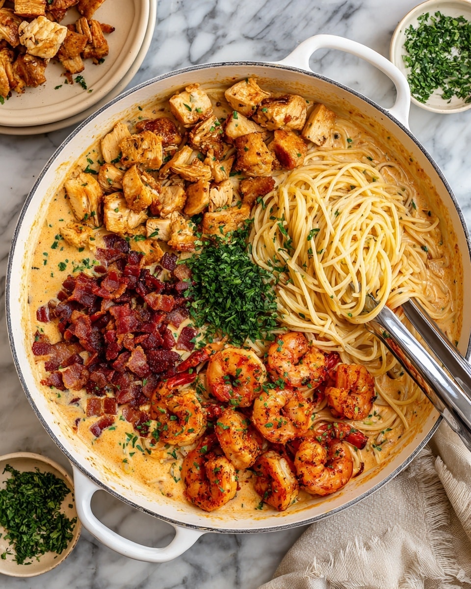 The image shows a white pan filled with spaghetti mixed in a creamy, light orange sauce with visible bits of tomato. On top of the pasta, there are four main layers: on the left side, golden-brown pieces of cooked chicken; on the bottom left center, dark red crispy bacon bits; on the right side, a group of reddish-orange cooked shrimp with a light char; and in the middle, a small pile of fresh green chopped parsley. A pair of silver tongs grips some shrimp on the right side of the pan. Around the pan, on a white marbled surface, there are small beige plates with pieces of chicken and a small bowl of chopped parsley. A beige cloth is draped in the top right corner. Photo taken with an iphone --ar 4:5 --v 7