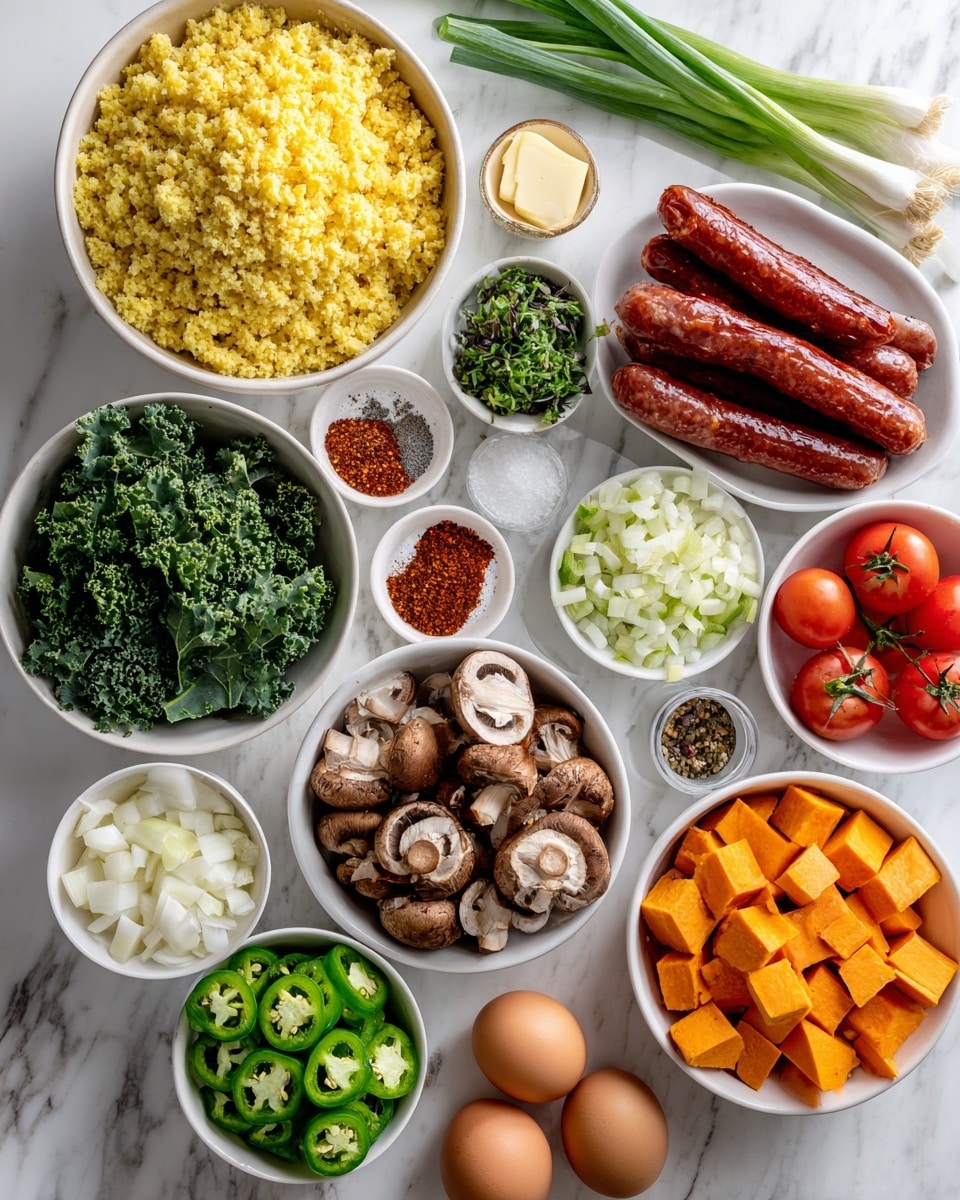 Top view of many fresh cooking ingredients placed on a white marbled surface. There are 15 layers: a large bowl of yellow cauliflower rice at the top left, a white bowl of bright green spinach next to it, several green onions resting diagonally to the right, a pack of reddish kiolbassa beef sausage below the green onions, and a white bowl of small red and yellow tomatoes beside the sausage. Below the cauliflower rice, a small bowl of dark green broccoli microgreens and a small piece of pale yellow unsalted butter sit next to tiny bowls of red pepper flakes, garlic powder, kosher salt, smoked paprika, black pepper, and Italian seasoning from left to right. A white bowl of sliced brown mushrooms sits in the center. Below that, white bowls hold chopped white onions, chopped green bell peppers, and sliced green jalapeños arranged from left to right. Finally, a white bowl filled with orange sweet potato cubes is on the bottom right, with a bowl of four brown eggs to its left. Photo taken with an iphone --ar 4:5 --v 7