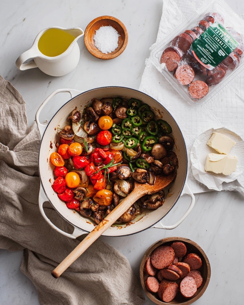 The image shows a white pot full of cooked vegetables and sausage pieces on a white marbled surface. Inside the pot, there are three visible layers: the bottom layer has browned onions and green jalapeño slices, the middle layer contains sautéed brown mushrooms, and the top layer features bright red and orange cherry tomatoes. A wooden spoon rests inside the pot over the vegetables. To the right, there is a sealed white package of raw sausages, a white spatula beside a small piece of butter on white paper, and a bowl filled with sliced cooked sausages. Near the pot, a small wooden bowl holds white salt, and a small white ceramic jug with yellow oil is placed above it. A beige cloth is spread under the upper left side of the pot. Photo taken with an iphone --ar 4:5 --v 7