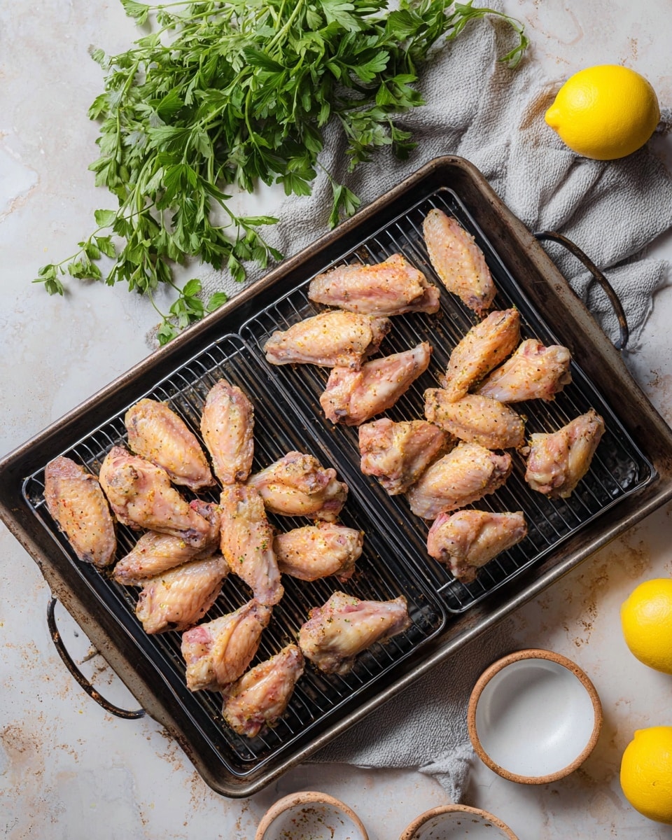 Two black square racks filled with uncooked chicken wings are placed on a large metal tray with a slightly worn surface. Each rack holds about ten pieces of chicken wings, seasoned with visible specks of spices giving a light reddish-orange color on their pale skin. A bunch of fresh green parsley hangs over the tray from the top left side, and near the upper middle is a whole yellow lemon resting on a crumpled light gray cloth. The background surface is a white marbled texture with a smooth finish, and at the bottom of the frame, there are two small round bowls, one white and one wooden, accompanied by a second yellow lemon on the right side. photo taken with an iphone --ar 4:5 --v 7