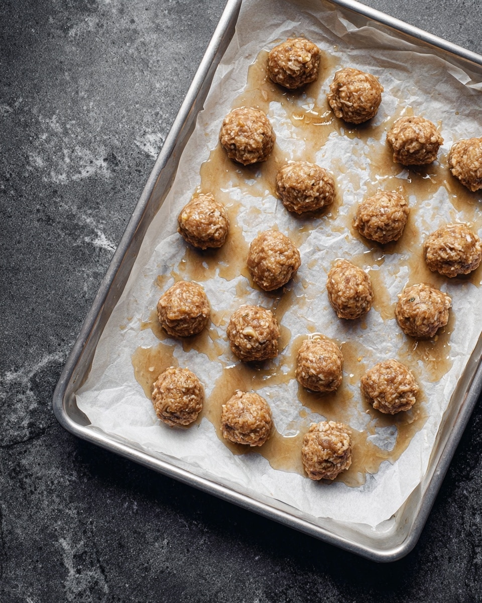 The image shows a metal baking tray lined with crumpled white parchment paper, filled with 27 raw meatballs arranged in loose rows. The meatballs have a light brown color with visible bits of white onion and grainy texture on their surface. Juices and oil have spread around the meatballs, creating shiny wet patches on the parchment paper. The tray is placed on a dark gray surface with a rough texture, replaced with a white marbled texture. photo taken with an iphone --ar 4:5 --v 7