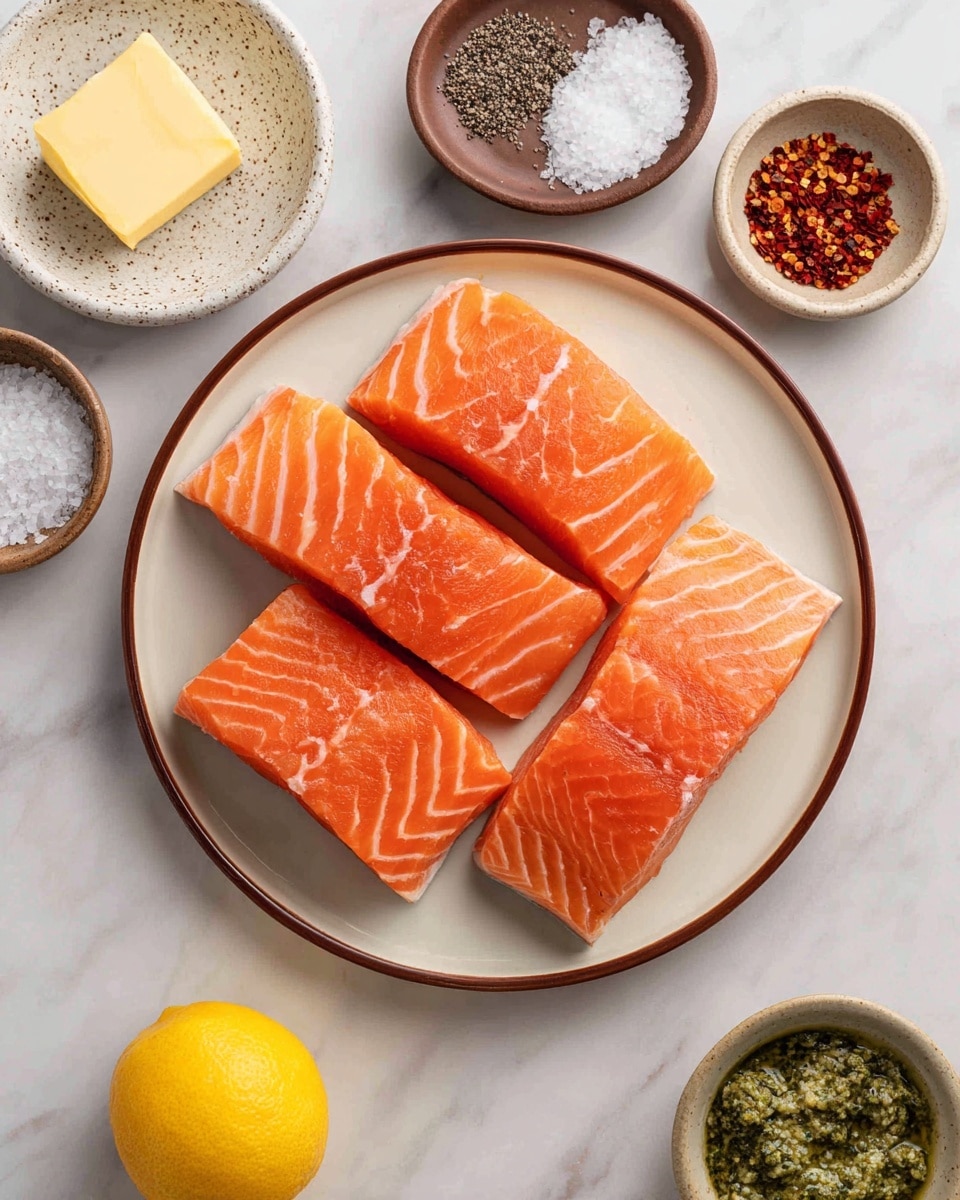 A white plate with a brown rim holds five pieces of bright orange salmon fillets with visible white lines of fat, arranged in two neat rows with four pieces at the top and one piece at the bottom right. Around the plate on a white marbled surface are six small bowls and items: at the top left, a white speckled small bowl with pale yellow unsalted butter; directly above the salmon, a small brown bowl filled with red pepper flakes; top right, another small brown bowl containing black pepper; bottom left, a small brown bowl with white kosher salt; at the bottom right, a small brown bowl filled with green pesto sauce showing a chunky texture; below the salmon plate, a bright yellow lemon sits on the surface. The image has soft natural lighting and a clean, organized look. photo taken with an iphone --ar 4:5 --v 7