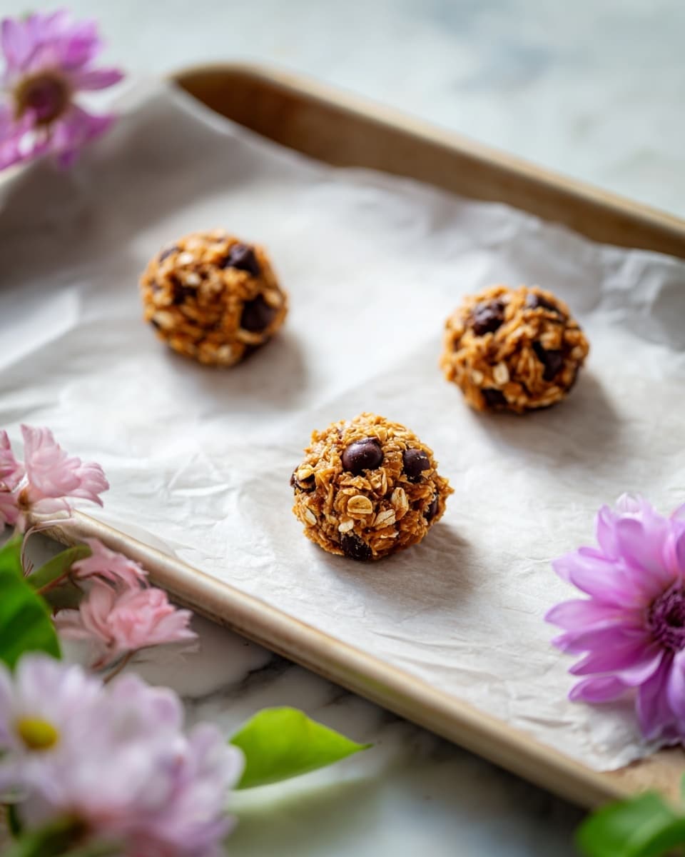 The image shows a baking sheet lined with crinkled white parchment paper, placed on a white marbled surface. On the paper are three small cookie dough balls spaced apart, each with a rough texture and studded with dark brown chocolate chips and visible oats, giving them a slightly chunky, grainy look. The corners of the baking sheet have slight discoloration from use. Around the baking sheet, there are soft-focused flowers with light purple and pink petals and green leaves, adding delicate color to the scene. A light pink card with a large number 7 is pinned to the top left corner. The photo has soft, natural lighting and is taken with an iphone --ar 4:5 --v 7